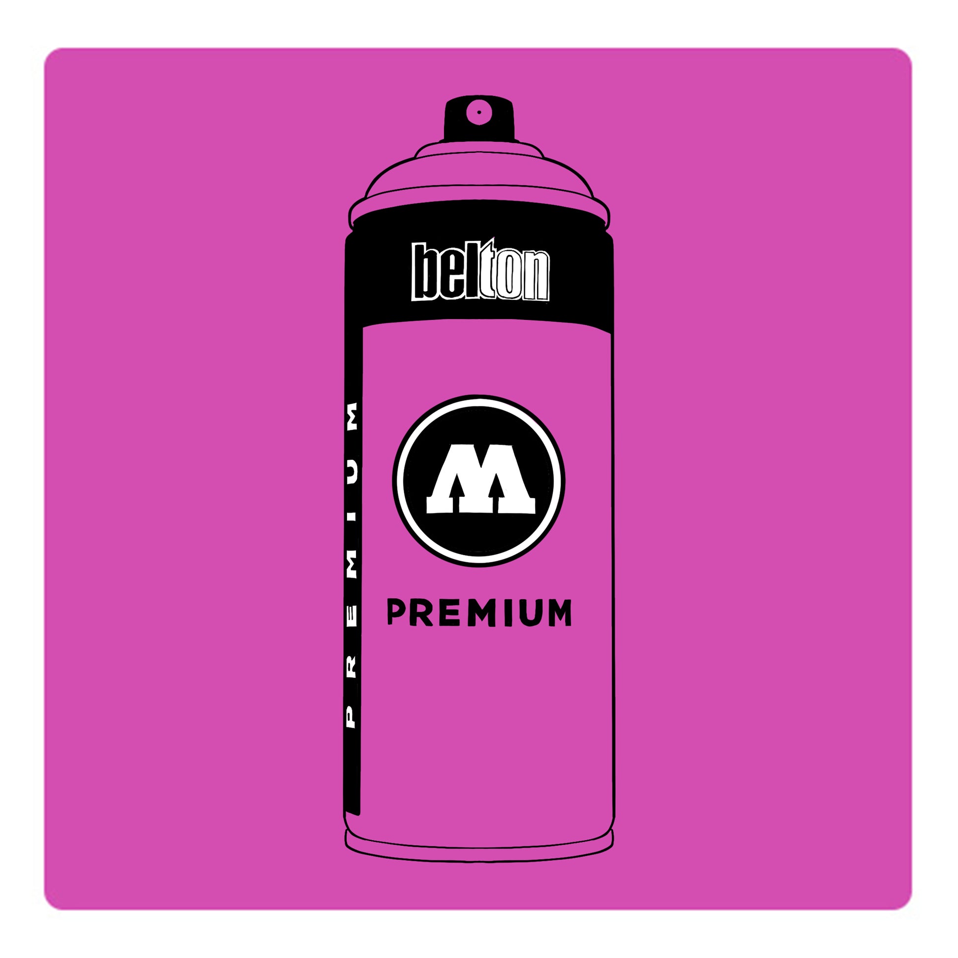 A black outline drawing of a neon pink spray paint can with the words "belton","premium" and the letter"M" written on the face in black and white font. The background is a color swatch of the same neon pink with a white border.