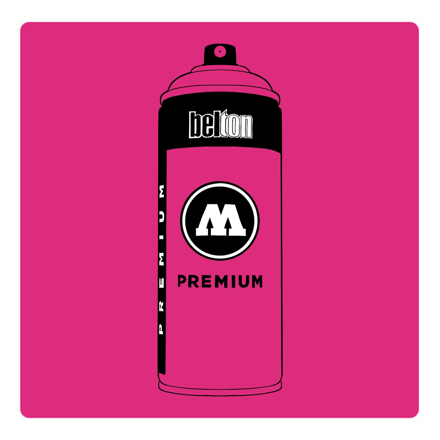 A black outline drawing of a neon hot pink spray paint can with the words "belton","premium" and the letter"M" written on the face in black and white font. The background is a color swatch of the same neon hot pink with a white border.