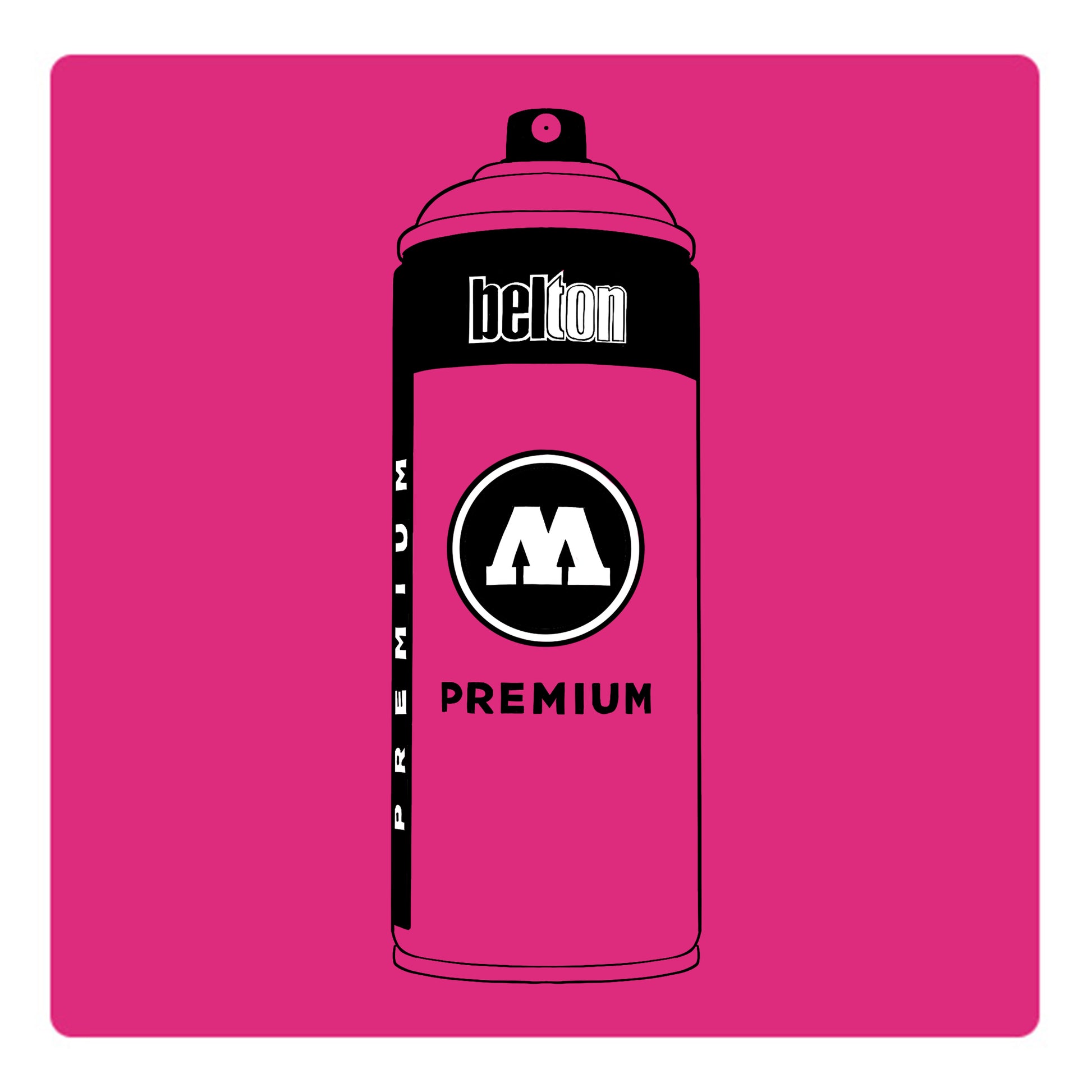 A black outline drawing of a neon hot pink spray paint can with the words "belton","premium" and the letter"M" written on the face in black and white font. The background is a color swatch of the same neon hot pink with a white border.