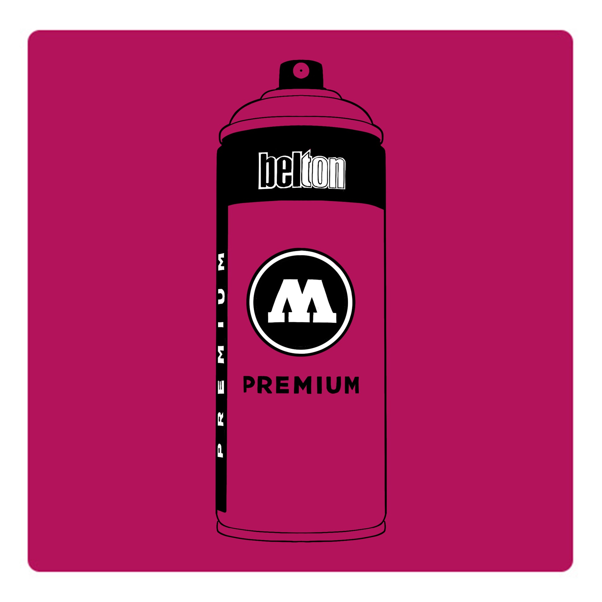 A black outline drawing of a  hot pink spray paint can with the words "belton","premium" and the letter"M" written on the face in black and white font. The background is a color swatch of the same hot pink with a white border.