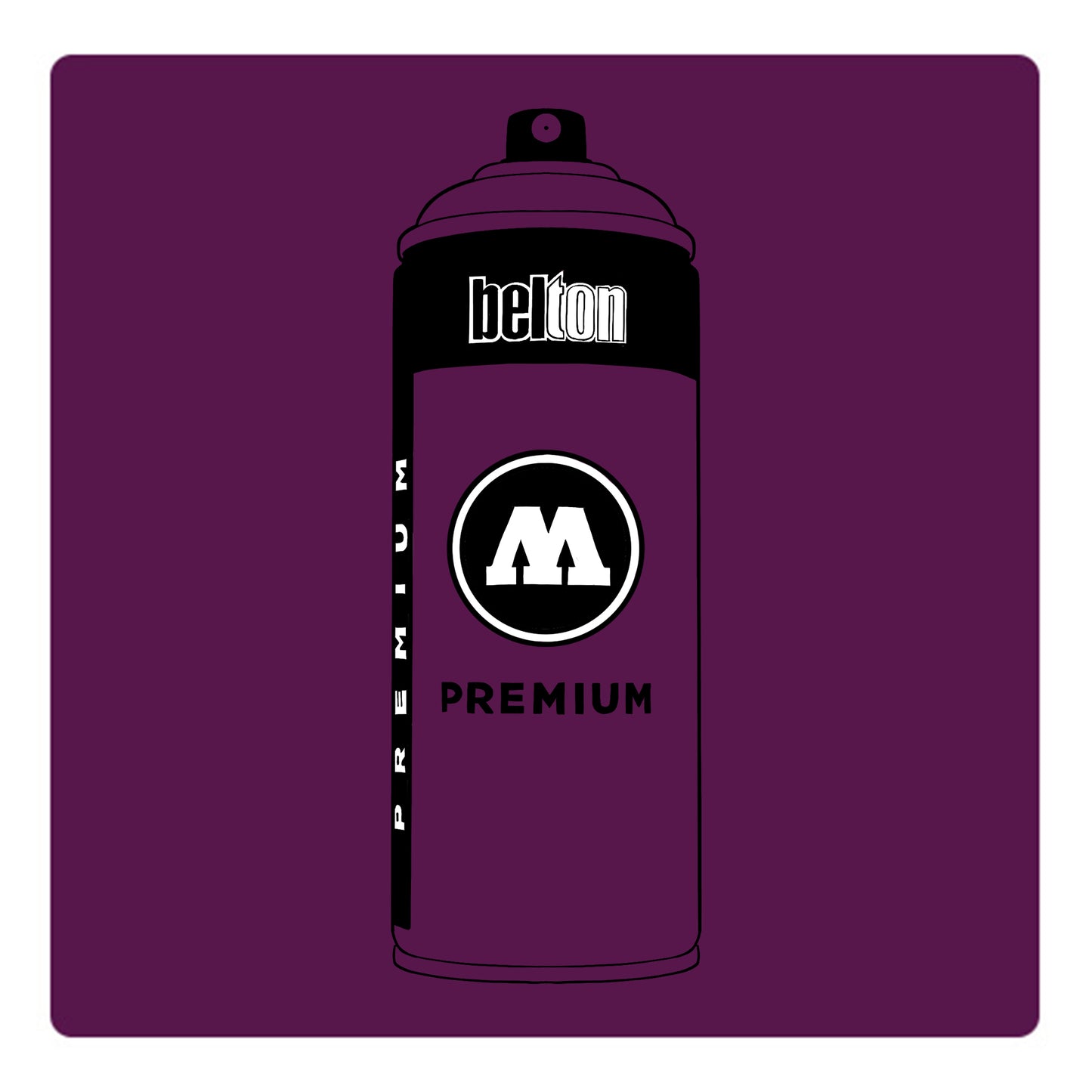 A black outline drawing of a purple spray paint can with the words "belton","premium" and the letter"M" written on the face in black and white font. The background is a color swatch of the same purple with a white border.