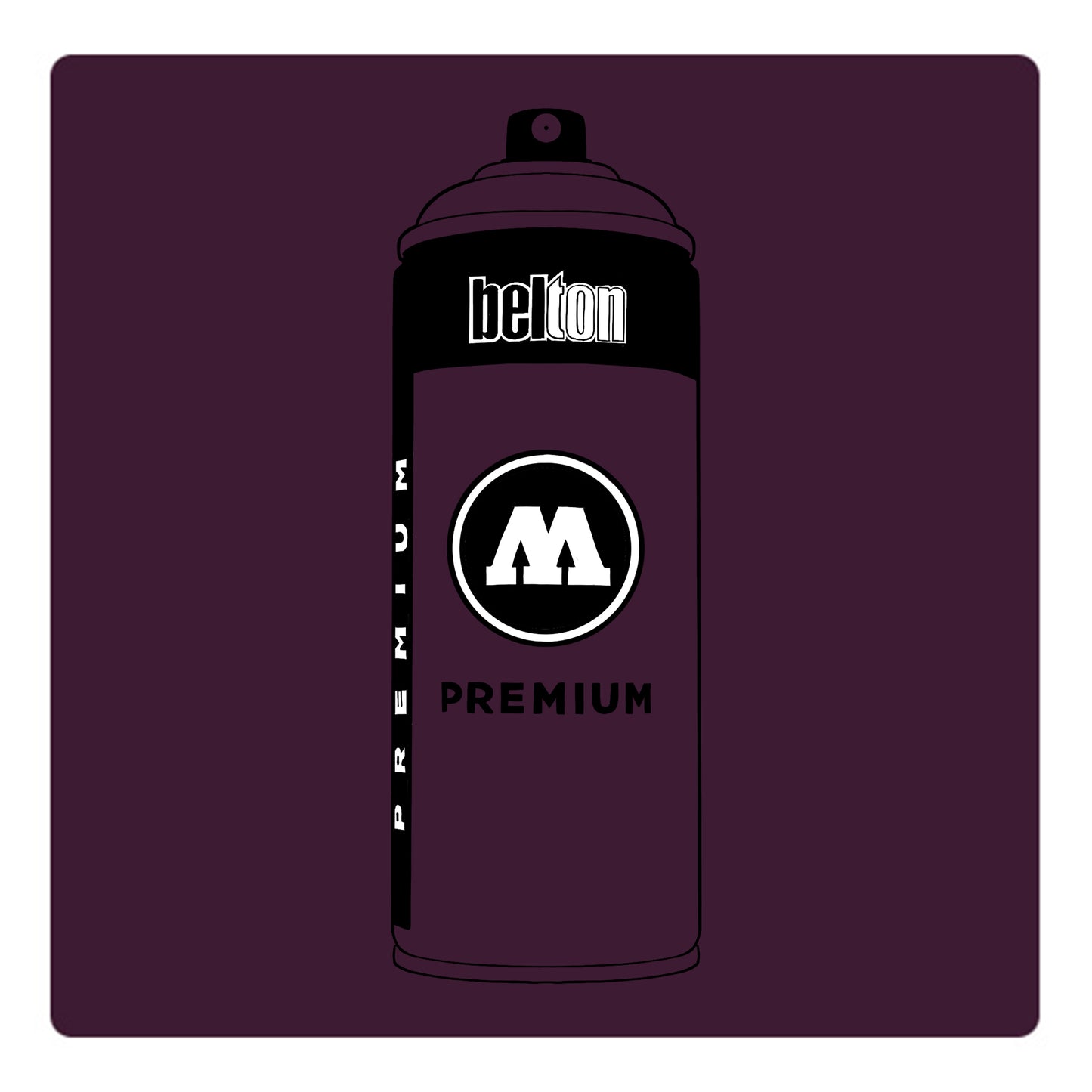 A black outline drawing of a berry purple spray paint can with the words "belton","premium" and the letter"M" written on the face in black and white font. The background is a color swatch of the same berry purple with a white border.
