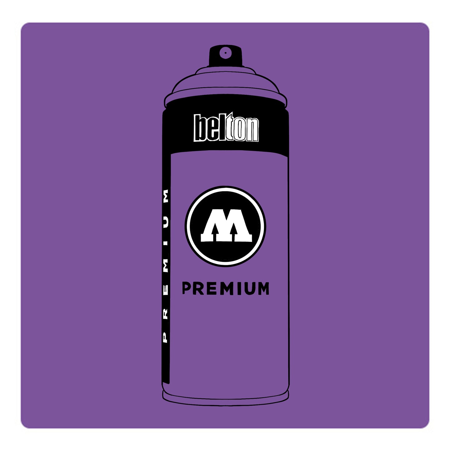 A black outline drawing of a pastel purple spray paint can with the words "belton","premium" and the letter"M" written on the face in black and white font. The background is a color swatch of the same pastel purple with a white border.
