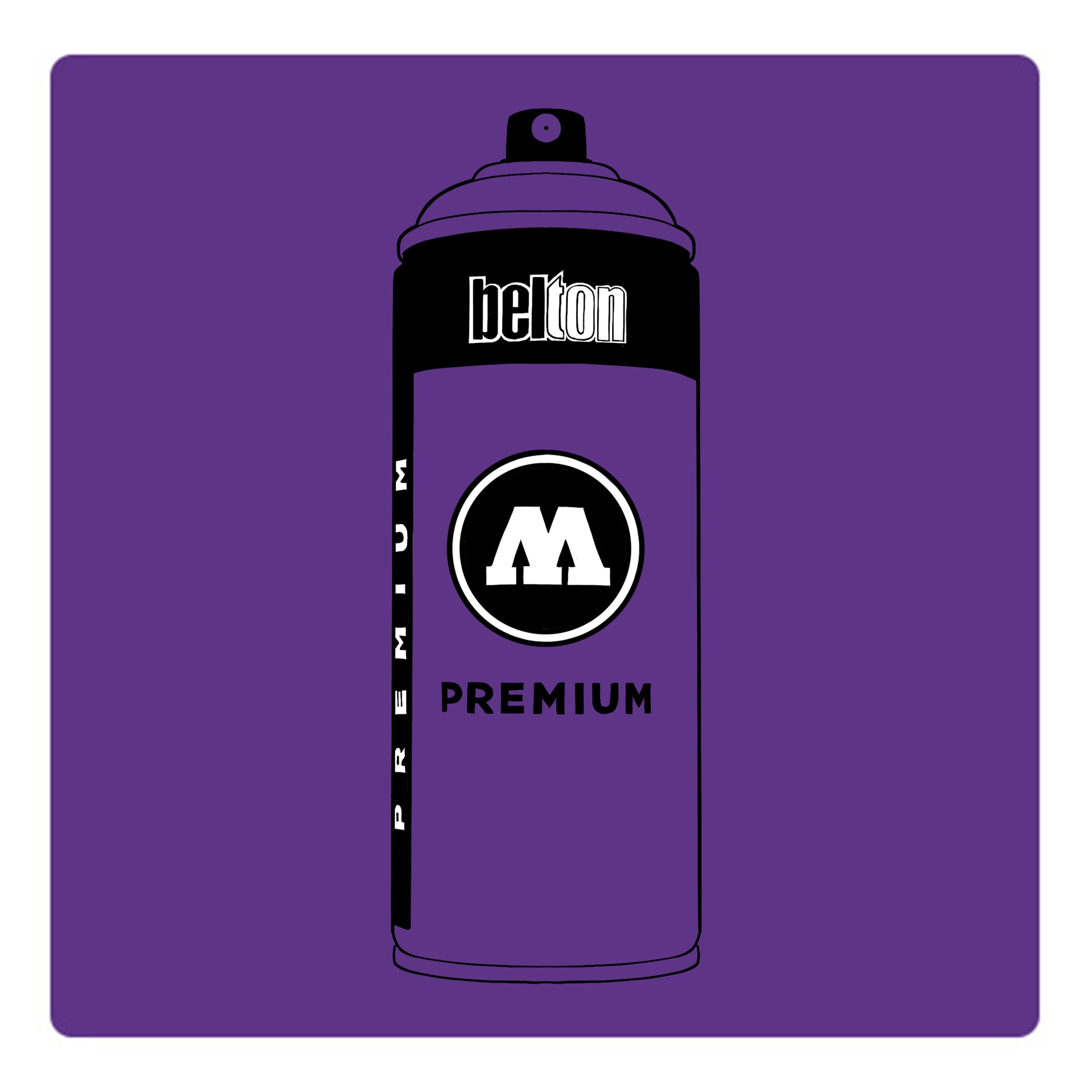 A black outline drawing of a light  purple spray paint can with the words "belton","premium" and the letter"M" written on the face in black and white font. The background is a color swatch of the same light purple with a white border.