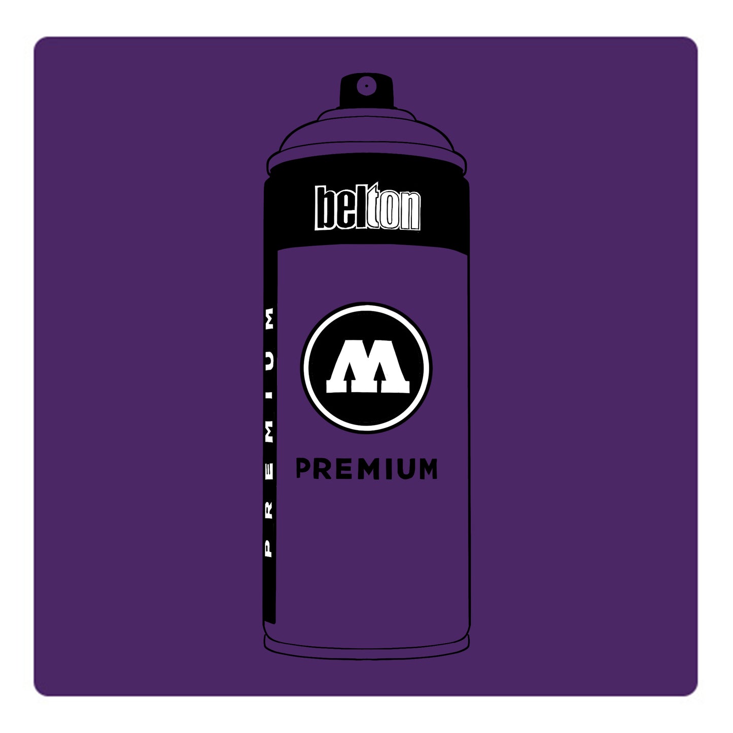 A black outline drawing of a purple spray paint can with the words "belton","premium" and the letter"M" written on the face in black and white font. The background is a color swatch of the same  purple with a white border.