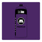 A black outline drawing of a purple spray paint can with the words "belton","premium" and the letter"M" written on the face in black and white font. The background is a color swatch of the same  purple with a white border.
