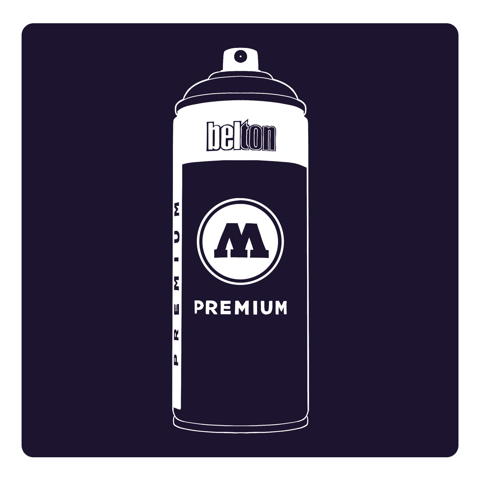 A white outline drawing of a dark purple spray paint can with the words "belton","premium" and the letter"M" written on the face in  white font. The background is a color swatch of the same dark purple with a white border.