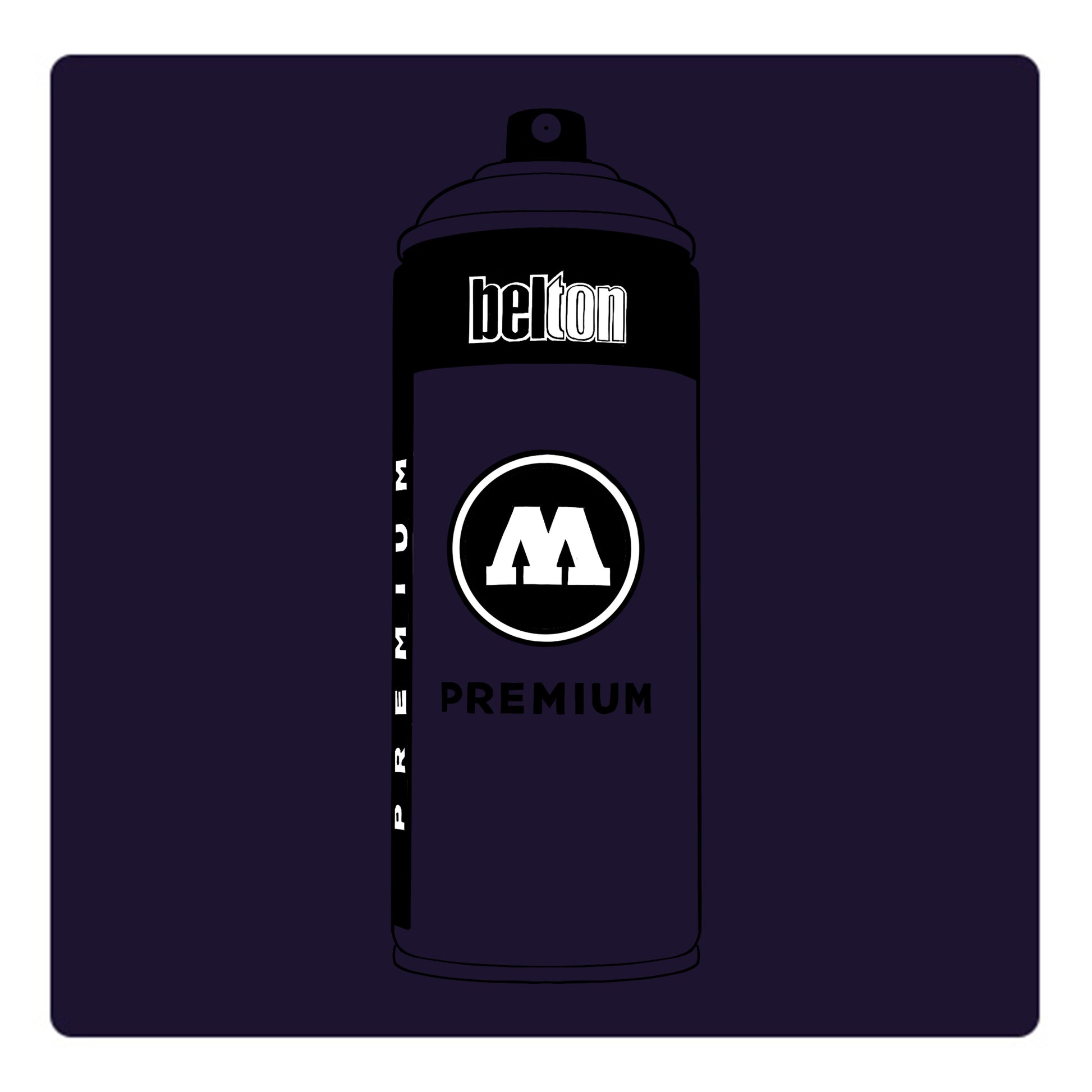 A black outline drawing of a dark purple spray paint can with the words "belton","premium" and the letter"M" written on the face in black and white font. The background is a color swatch of the same dark purple with a white border.