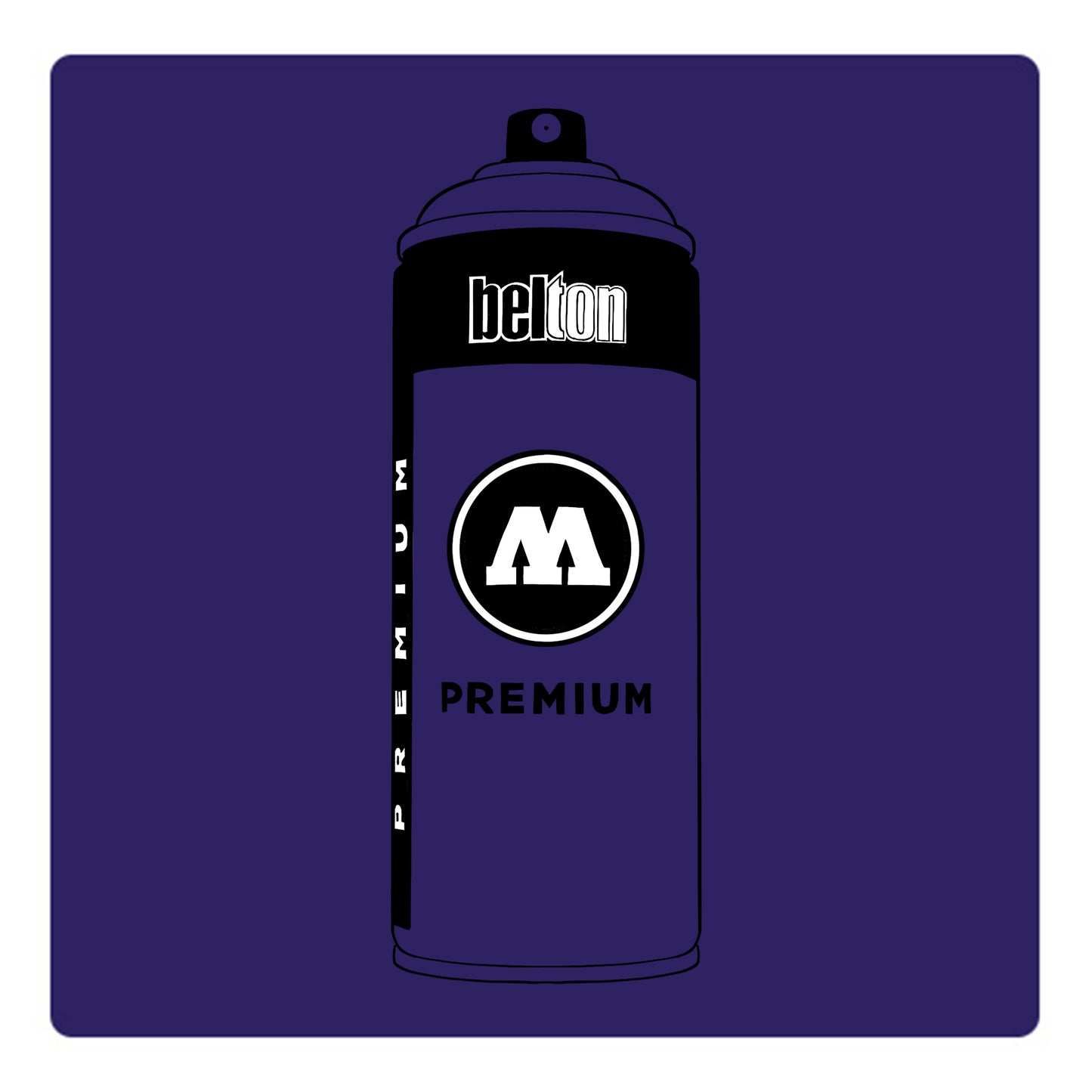 A black outline drawing of a grape purple spray paint can with the words "belton","premium" and the letter"M" written on the face in black and white font. The background is a color swatch of the same grape purple with a white border.