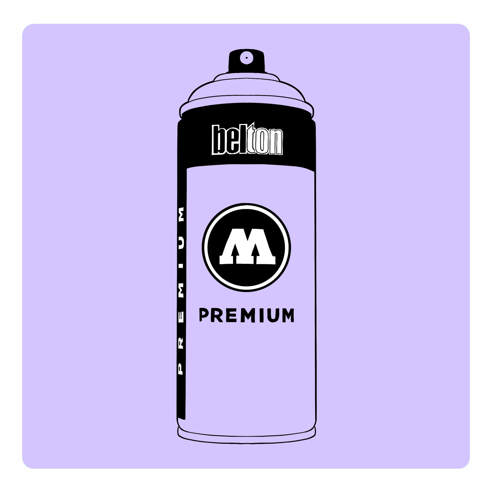 A black outline drawing of a light pastel purple spray paint can with the words "belton","premium" and the letter"M" written on the face in black and white font. The background is a color swatch of the same light pastel purple with a white border.