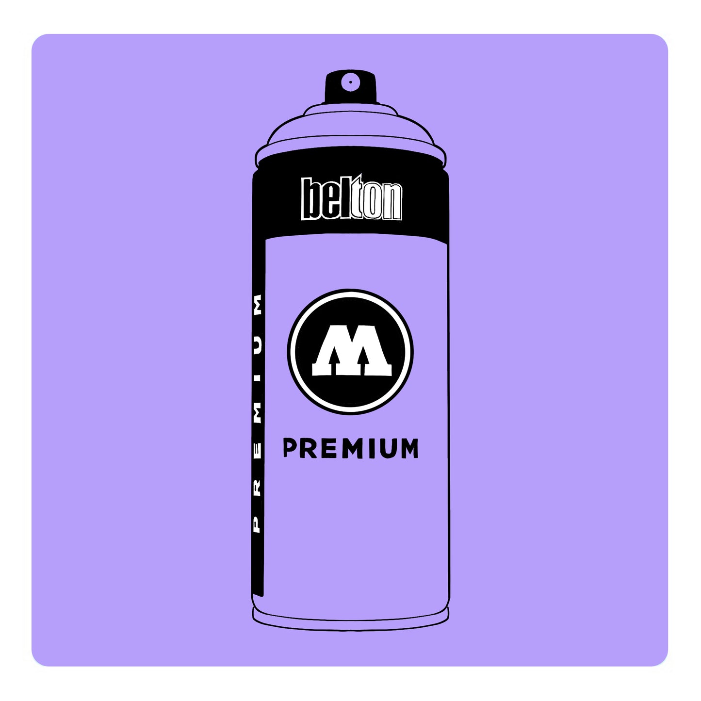 A black outline drawing of a iris purple spray paint can with the words "belton","premium" and the letter"M" written on the face in black and white font. The background is a color swatch of the same iris purple with a white border.