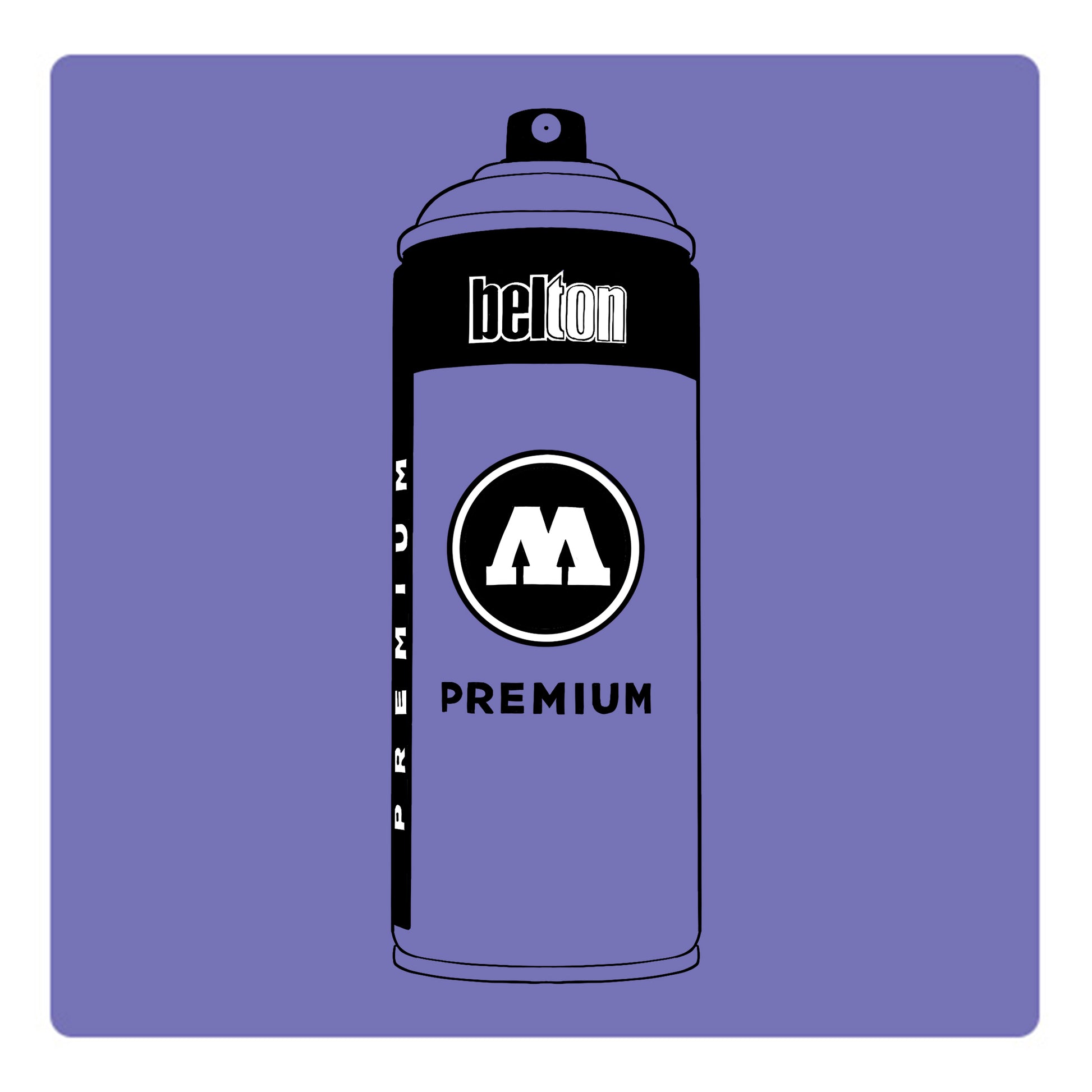 A black outline drawing of a dark lavender spray paint can with the words "belton","premium" and the letter"M" written on the face in black and white font. The background is a color swatch of the same Lavender with a white border.