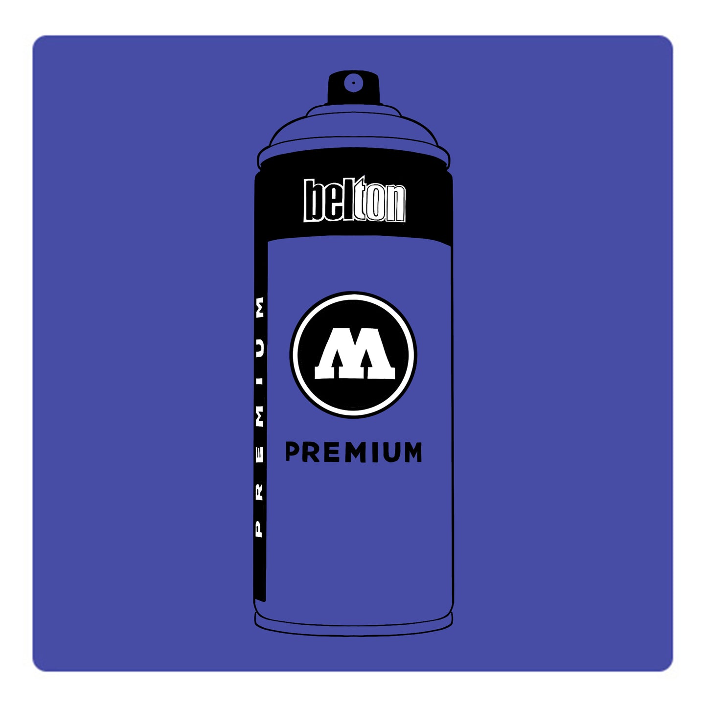 A black outline drawing of a slate blue spray paint can with the words "belton","premium" and the letter"M" written on the face in black and white font. The background is a color swatch of the same slate blue with a white border.