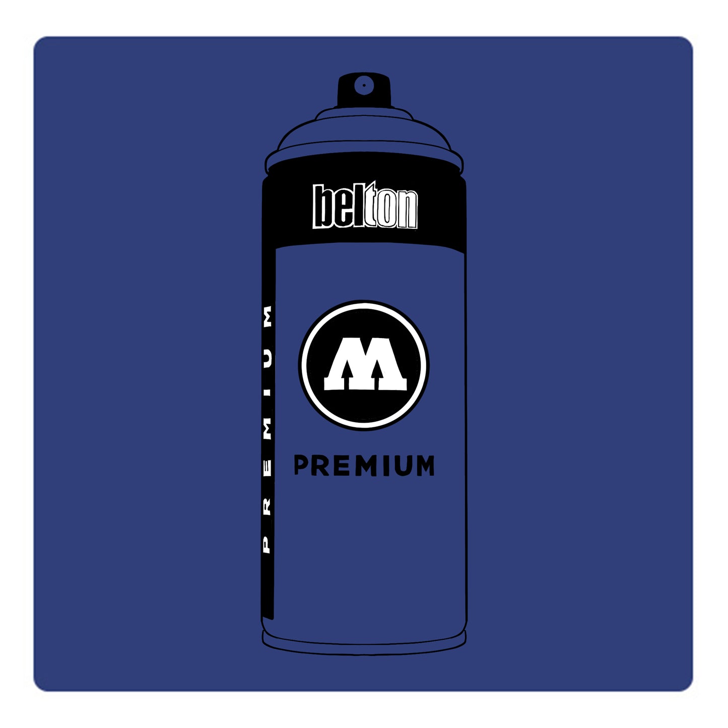 A black outline drawing of a liberty blue spray paint can with the words "belton","premium" and the letter"M" written on the face in black and white font. The background is a color swatch of the same liberty blue with a white border.
