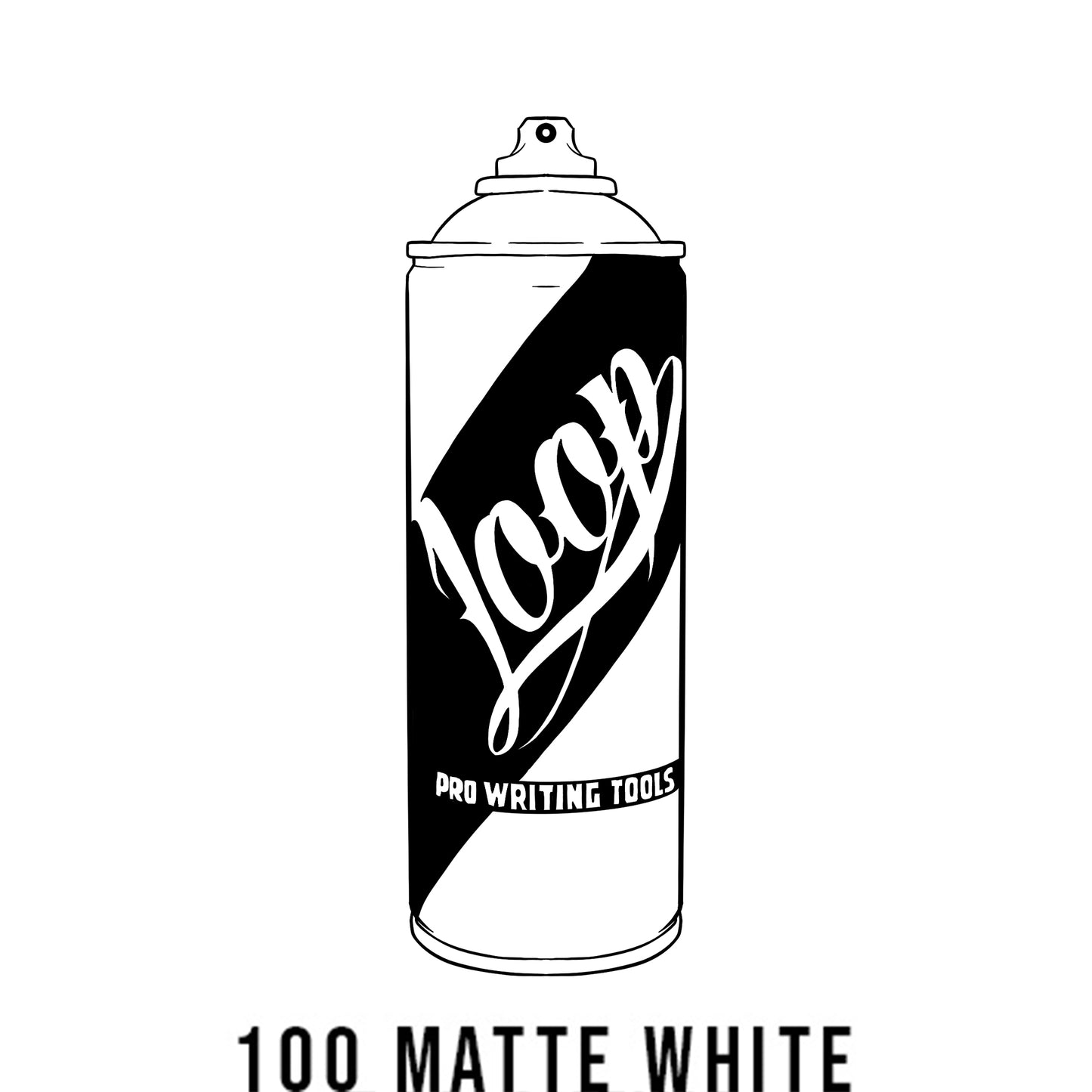 A black outline drawing of a white spray paint can with the word "Loop" written on the face in script. The background is blank with the words "100 Matte White" at the bottom.