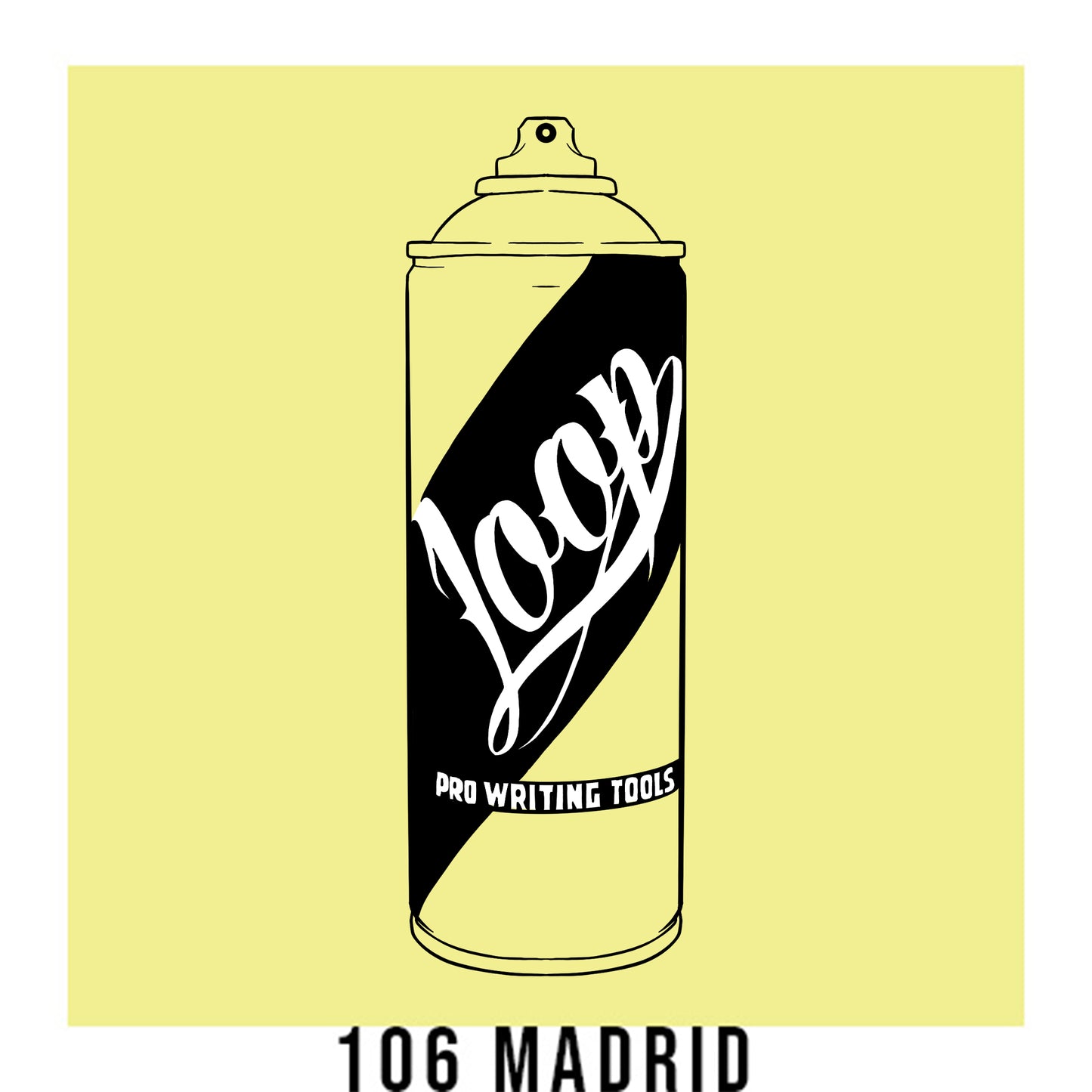 A black outline drawing of a pale yellow spray paint can with the word "Loop" written on the face in script. The background is a color swatch of the same yellow with a white border with the words "106 Madrid" at the bottom.