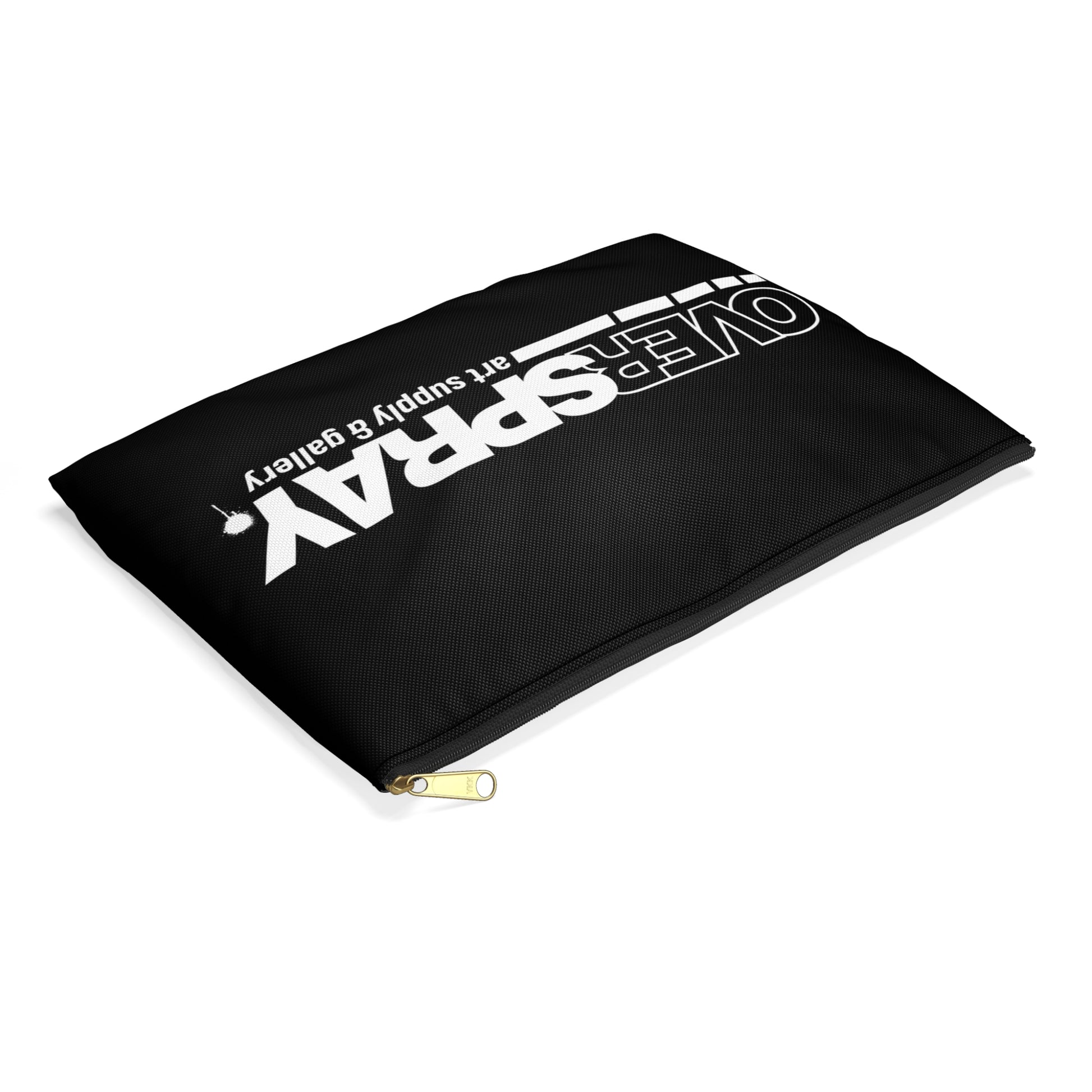 The front of a black pencil bag with a silver zipper, reads "Overspray Art Supply & Gallery" in white, logo is facing away from the viewer and the zipper is facing towards the viewer.