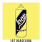 A black outline drawing of a light, bright yellow spray paint can with the word "Loop" written on the face in script. The background is a color swatch of the same yellow with a white border with the words "107 Barcelona" at the bottom.