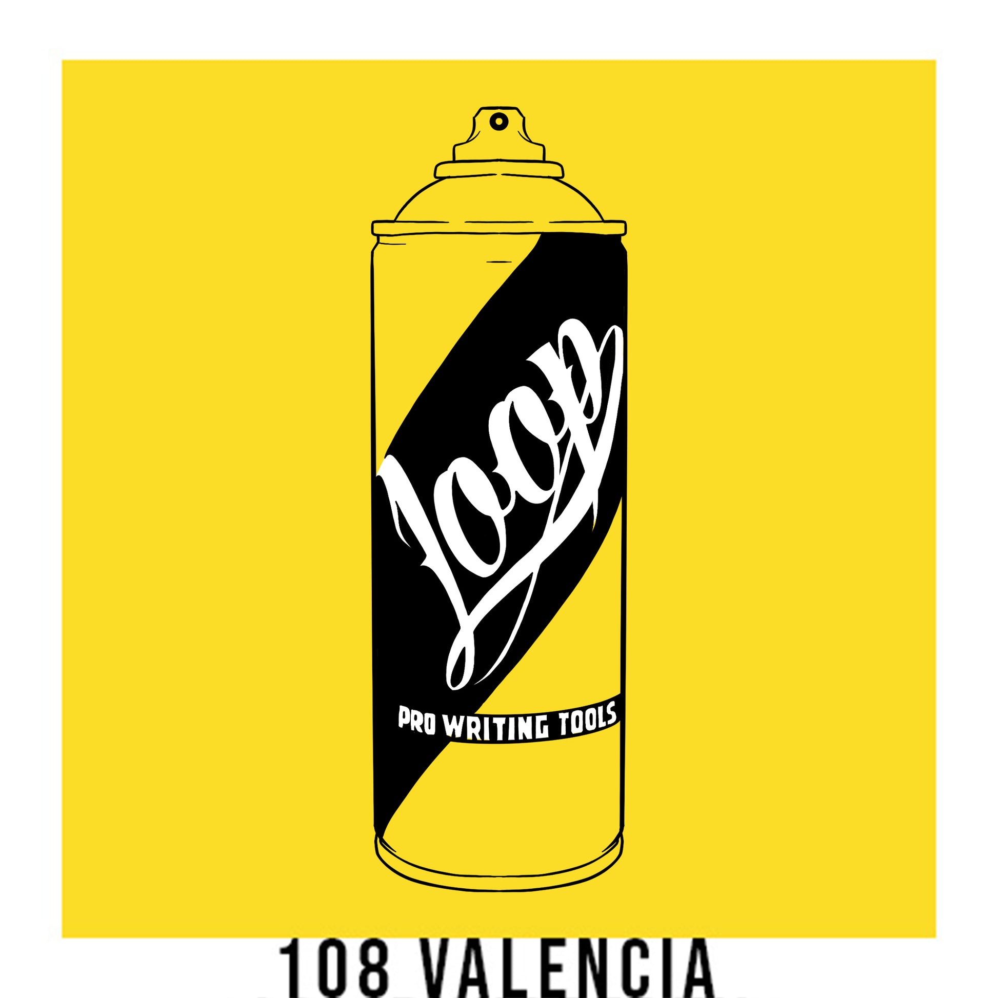 A black outline drawing of a light, bright yellow spray paint can with the word "Loop" written on the face in script. The background is a color swatch of the same yellow with a white border with the words "108 valencia" at the bottom.