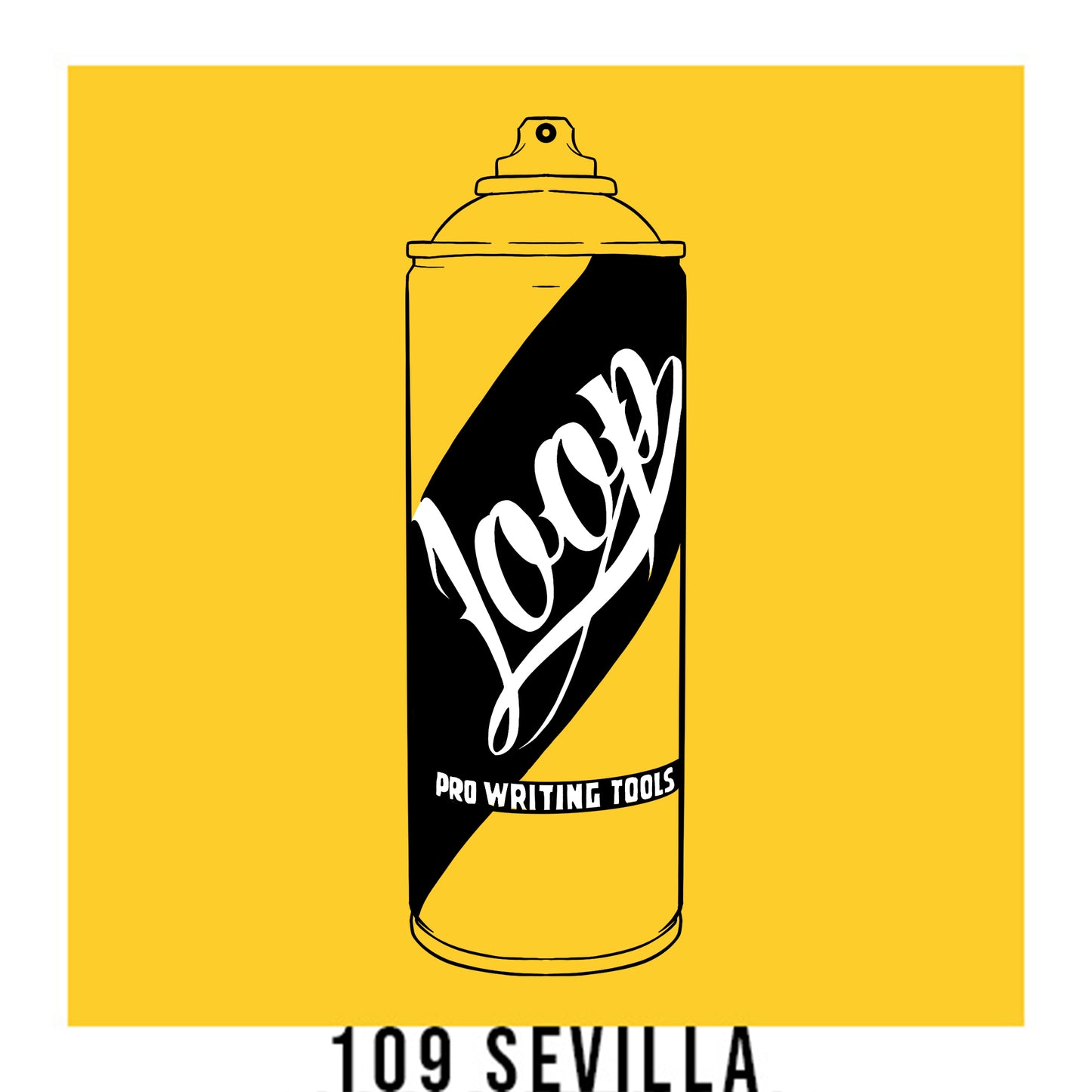A black outline drawing of a yellow spray paint can with the word "Loop" written on the face in script. The background is a color swatch of the same yellow with a white border with the words "109 Sevilla" at the bottom.