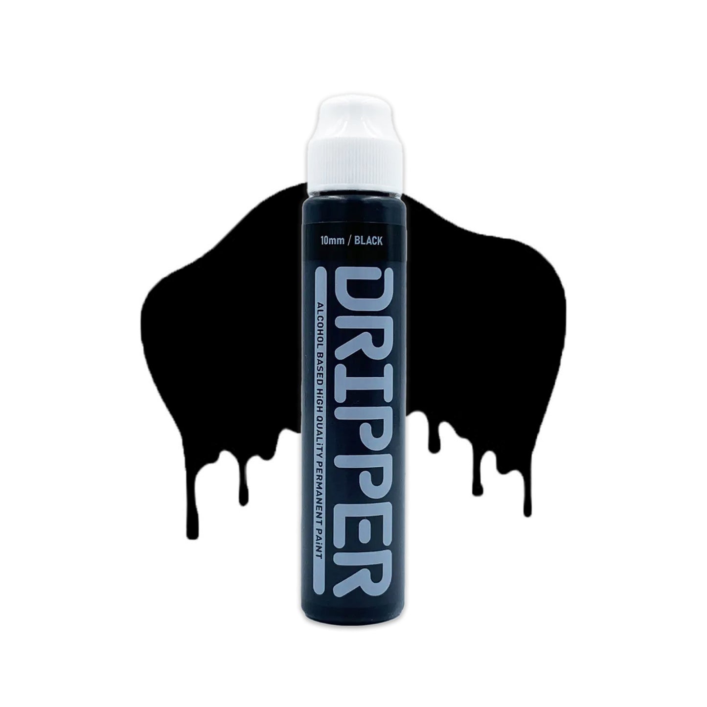 Black mop container with white cap and the word "Dripper" written on the face in a white font. The mop is positioned in front of a white background with drips that match the black color of the mop.
