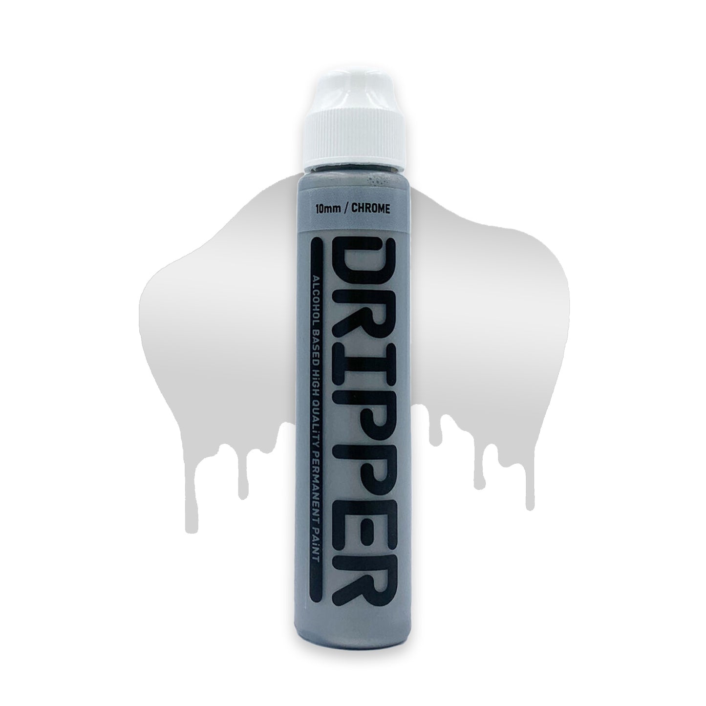 chrome mop container with white cap and the word "Dripper" written on the face in a bold black font. The mop is positioned in front of a white background with drips that match the chrome color of the mop.