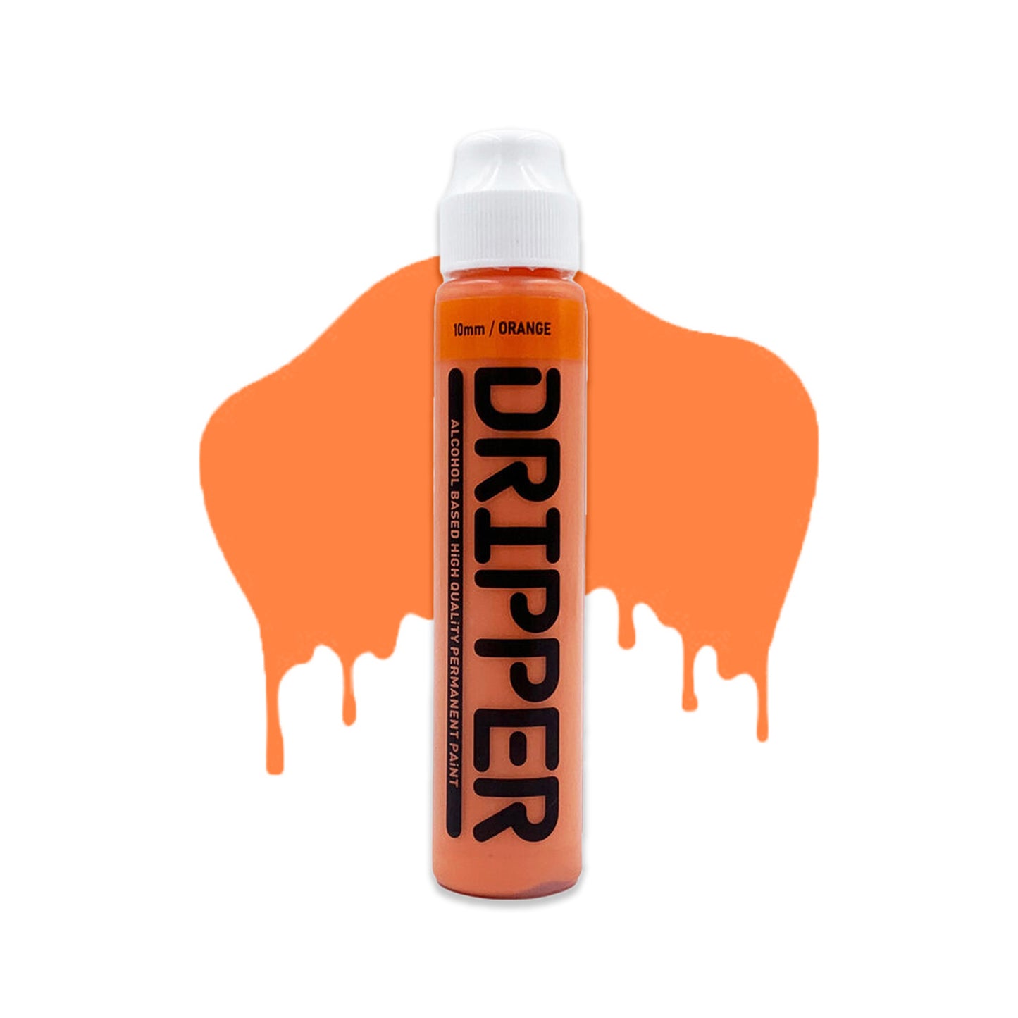 Orange mop container with white cap and the word "Dripper" written on the face in a bold black font. The mop is positioned in front of a white background with drips that match the orange color of the mop.