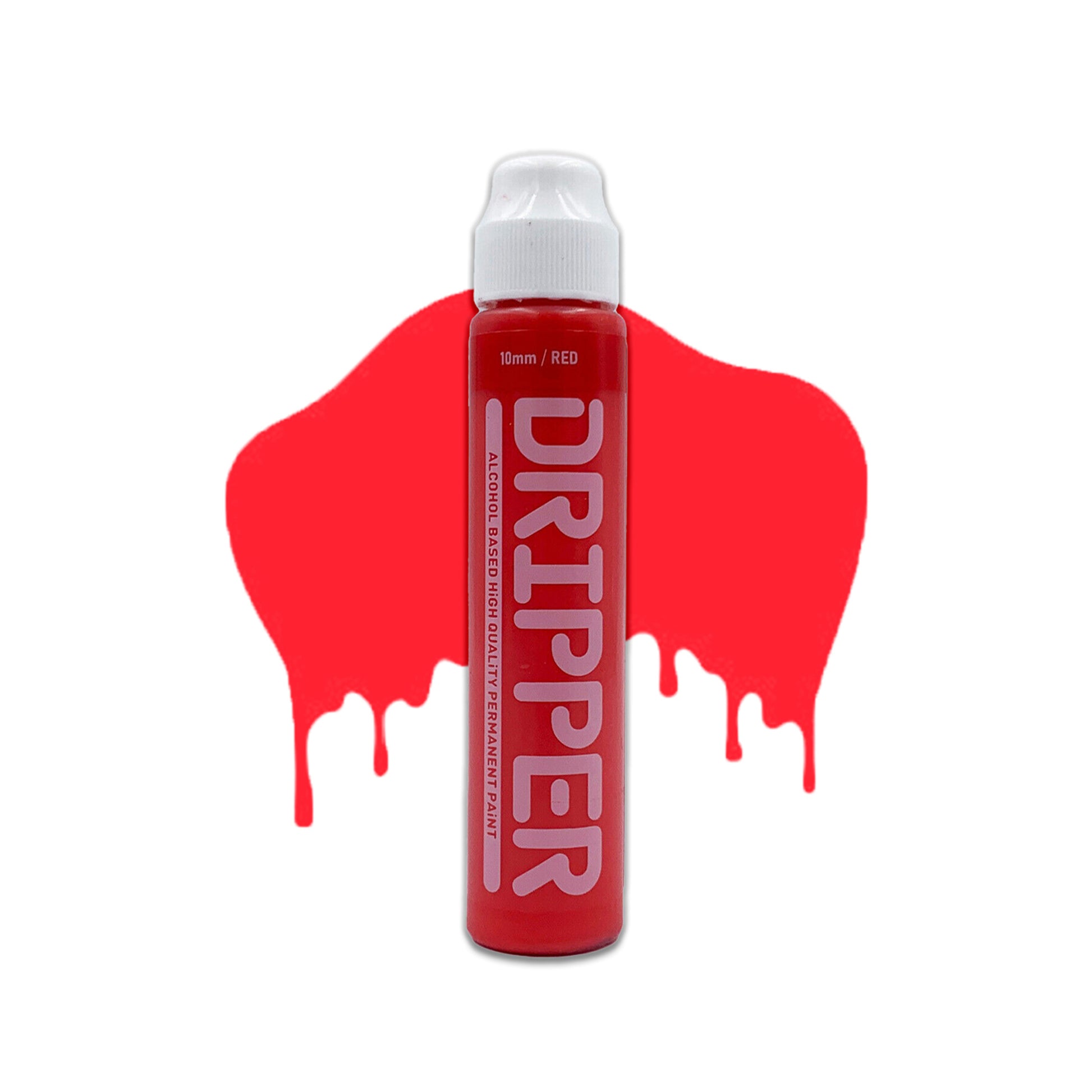 Red mop container with white cap and the word "Dripper" written on the face in a white font. The mop is positioned in front of a white background with drips that match the red color of the mop.
