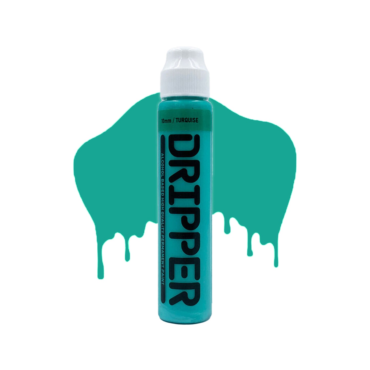 Turquoise mop container with white cap and the word "Dripper" written on the face in a bold black font. The mop is positioned in front of a white background with drips that match the turquoise color of the mop.