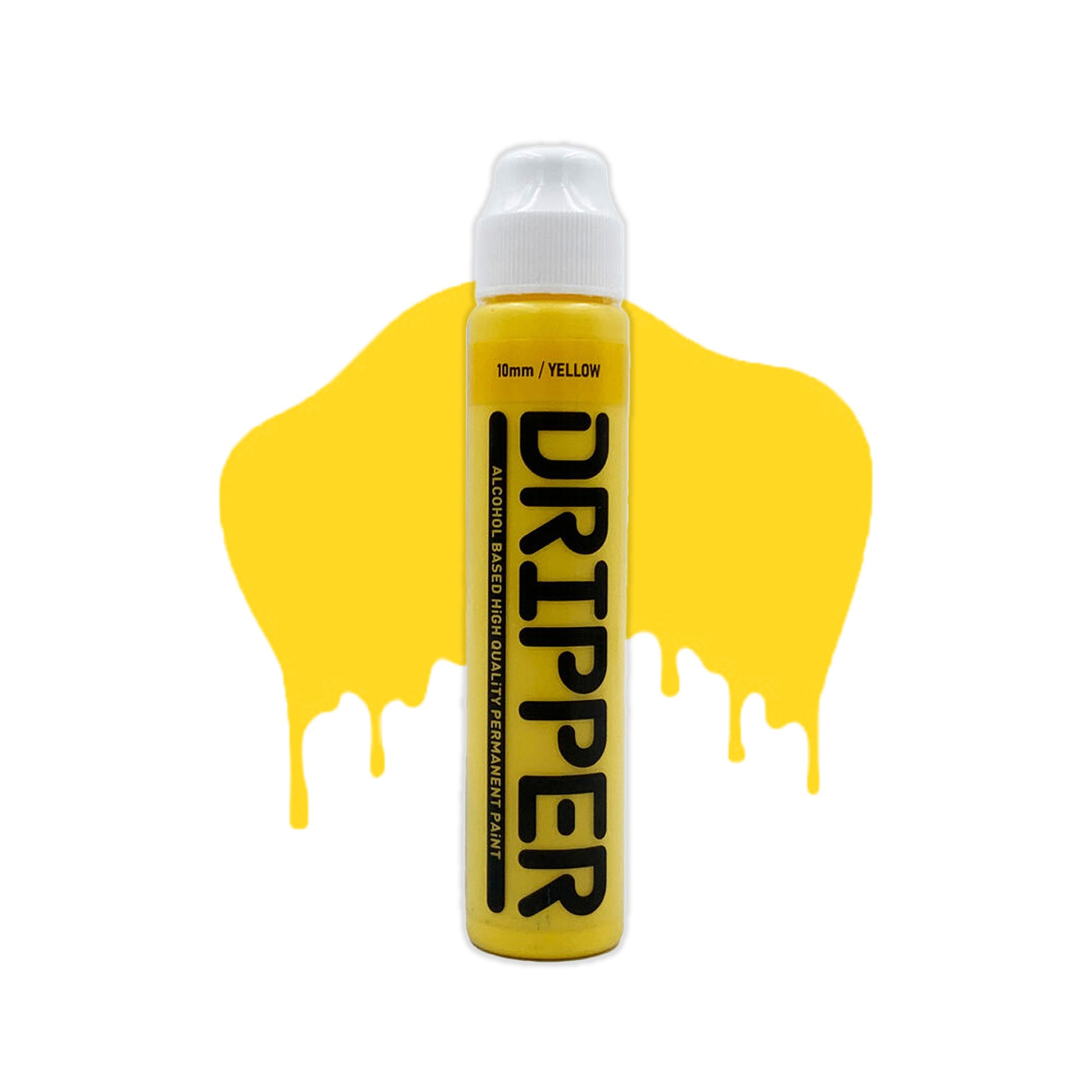 Yellow mop container with white cap and the word "Dripper" written on the face in a bold black font. The mop is positioned in front of a white background with drips that match the Yellow color of the mop.