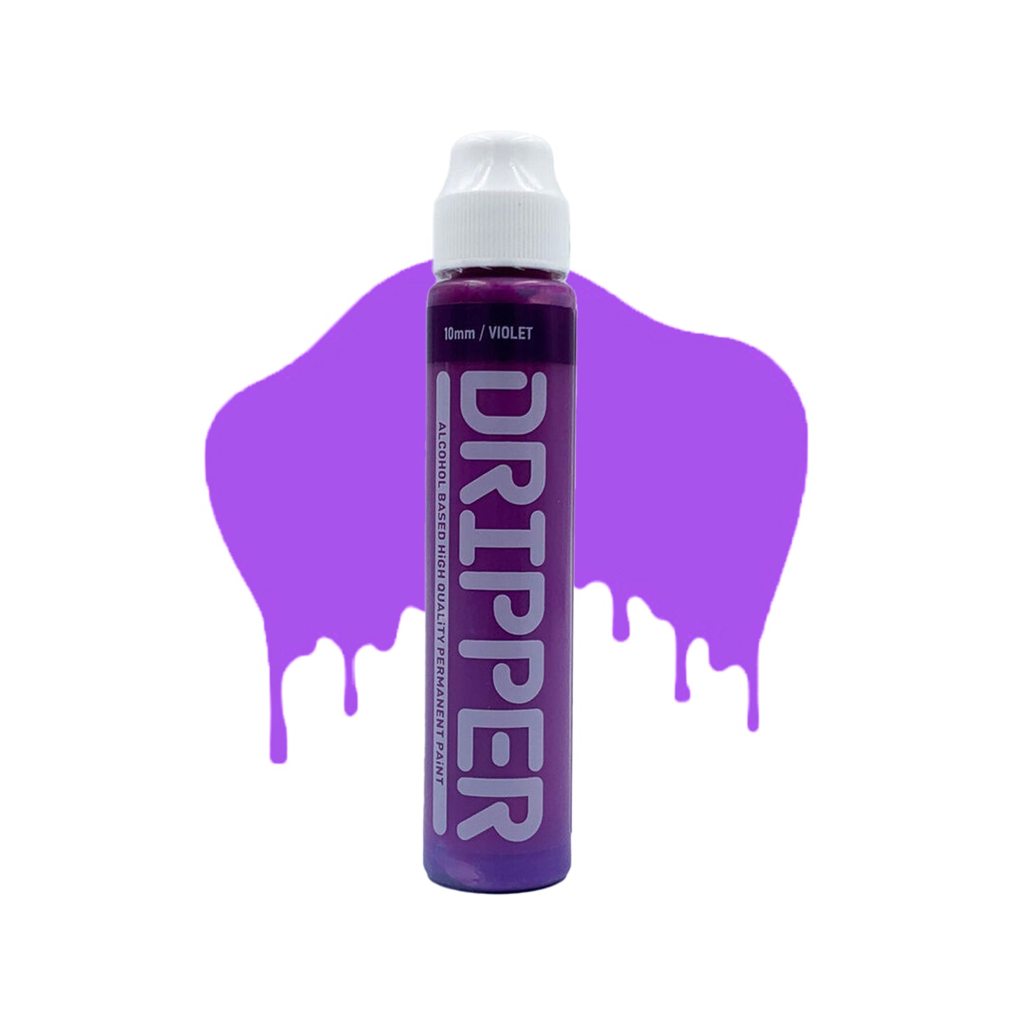 Violet mop container with white cap and the word "Dripper" written on the face in a bold black font. The mop is positioned in front of a white background with drips that match the violet color of the mop.