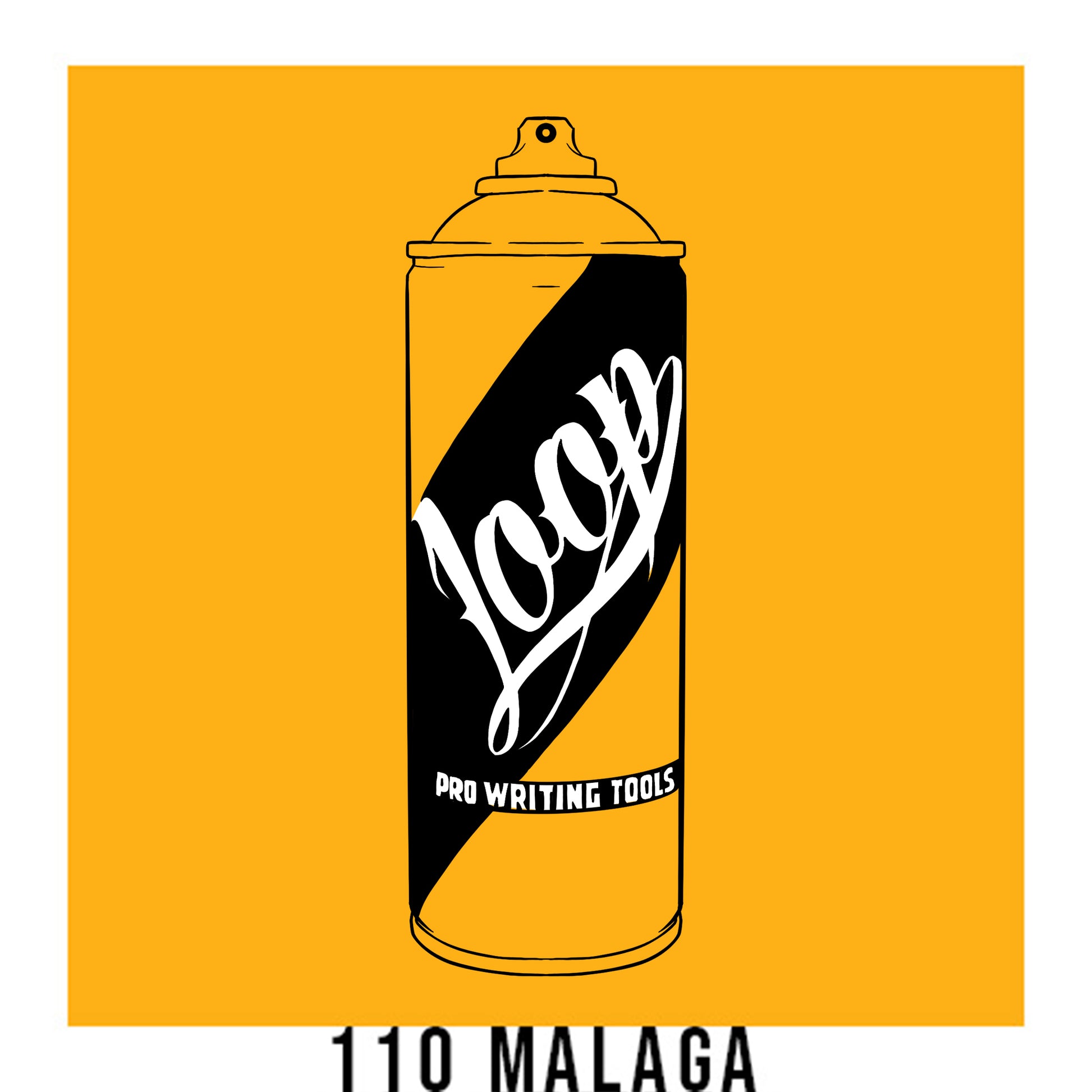 A black outline drawing of a golden yellow spray paint can with the word "Loop" written on the face in script. The background is a color swatch of the same yellow with a white border with the words "110 Malaga" at the bottom.