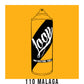 A black outline drawing of a golden yellow spray paint can with the word "Loop" written on the face in script. The background is a color swatch of the same yellow with a white border with the words "110 Malaga" at the bottom.