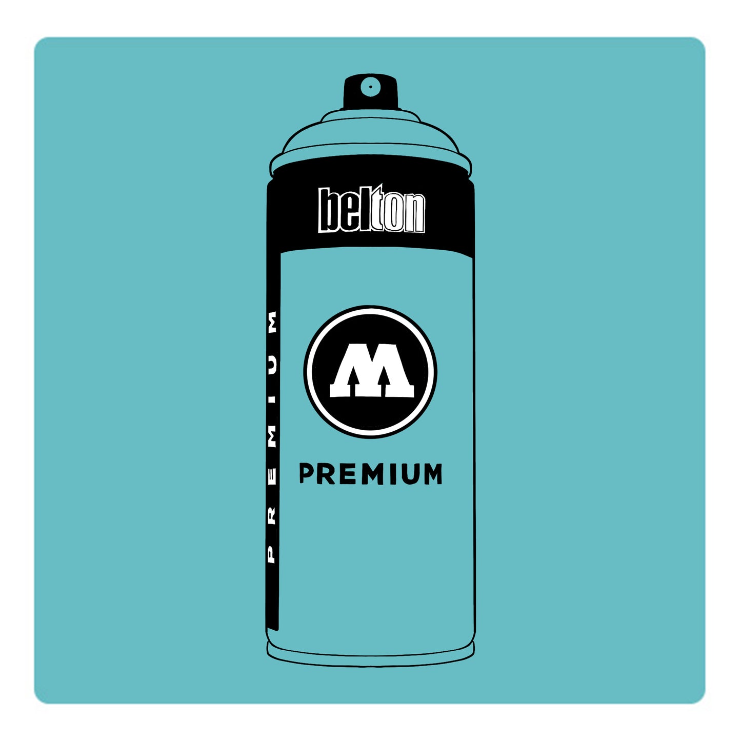 A black outline drawing of a sky blue spray paint can with the words "belton","premium" and the letter"M" written on the face in black and white font. The background is a color swatch of the same sky blue with a white border.