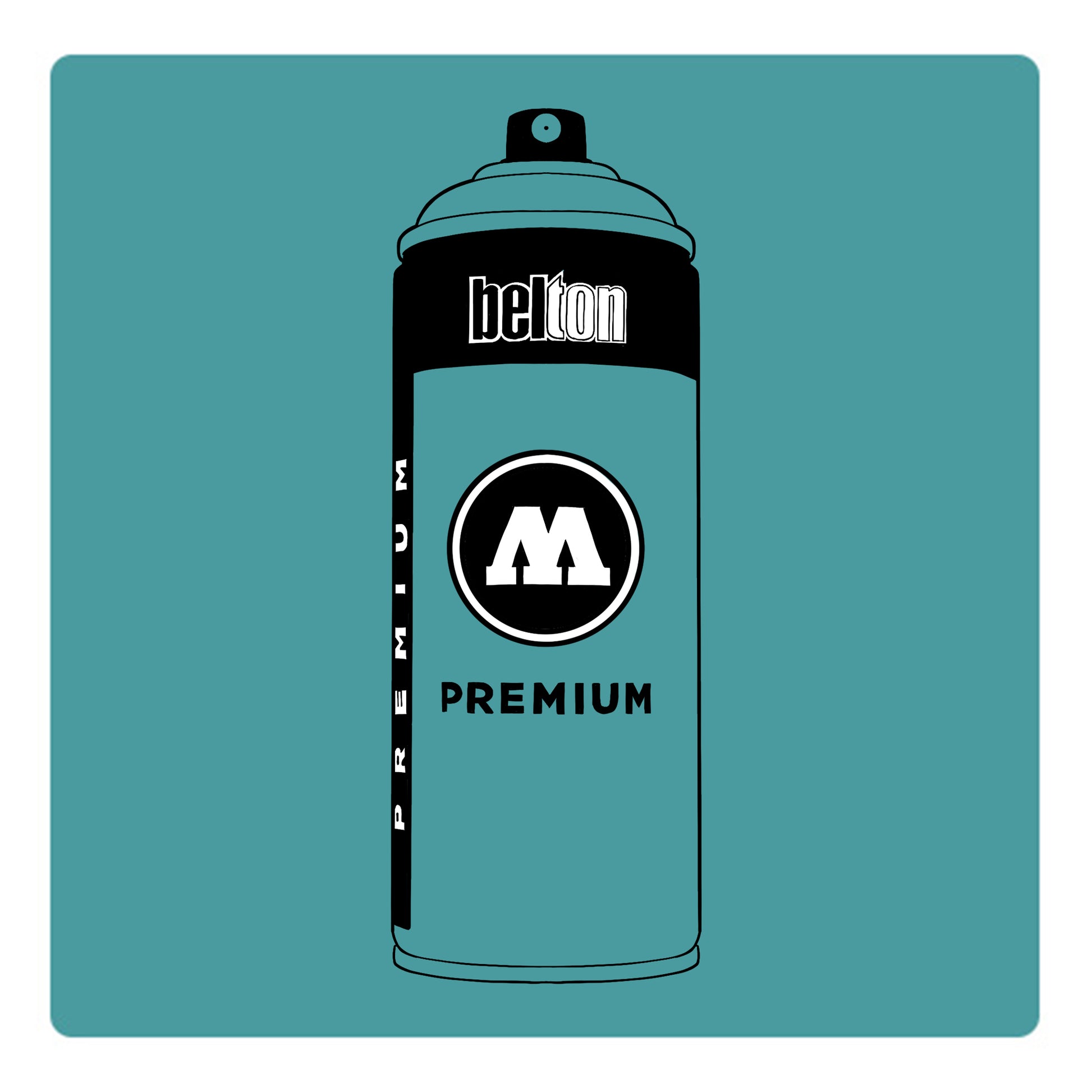 A black outline drawing of a turquoise spray paint can with the words "belton","premium" and the letter"M" written on the face in black and white font. The background is a color swatch of the same Turquoise with a white border.