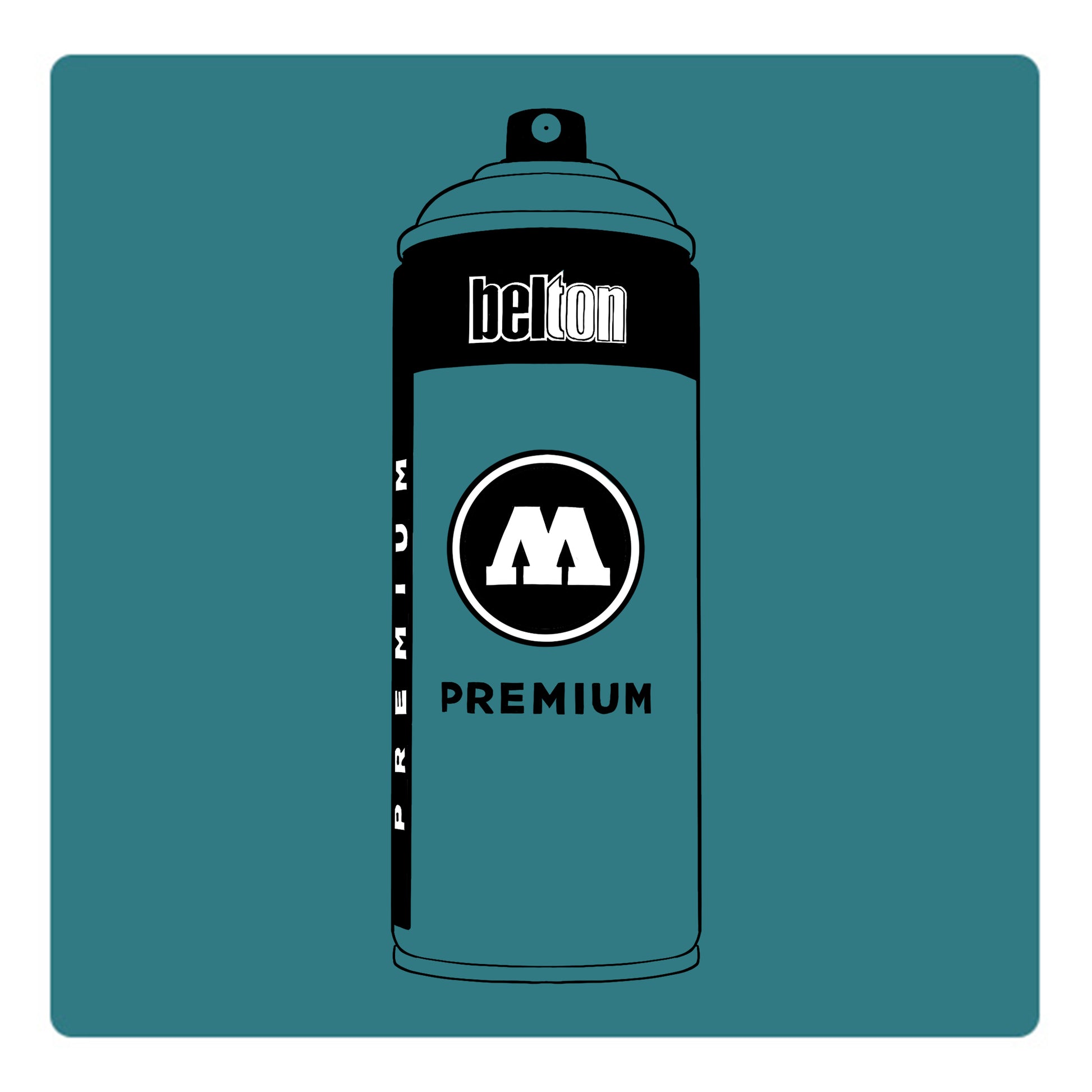 A black outline drawing of a  dark turquoise spray paint can with the words "belton","premium" and the letter"M" written on the face in black and white font. The background is a color swatch of the same Dark Turquoise with a white border.