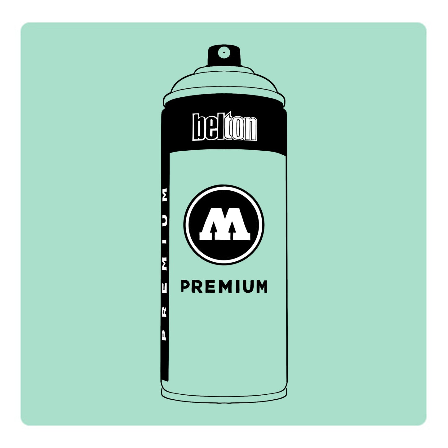 A black outline drawing of a sea foam green spray paint can with the words "belton","premium" and the letter"M" written on the face in black and white font. The background is a color swatch of the same sea foam green with a white border.