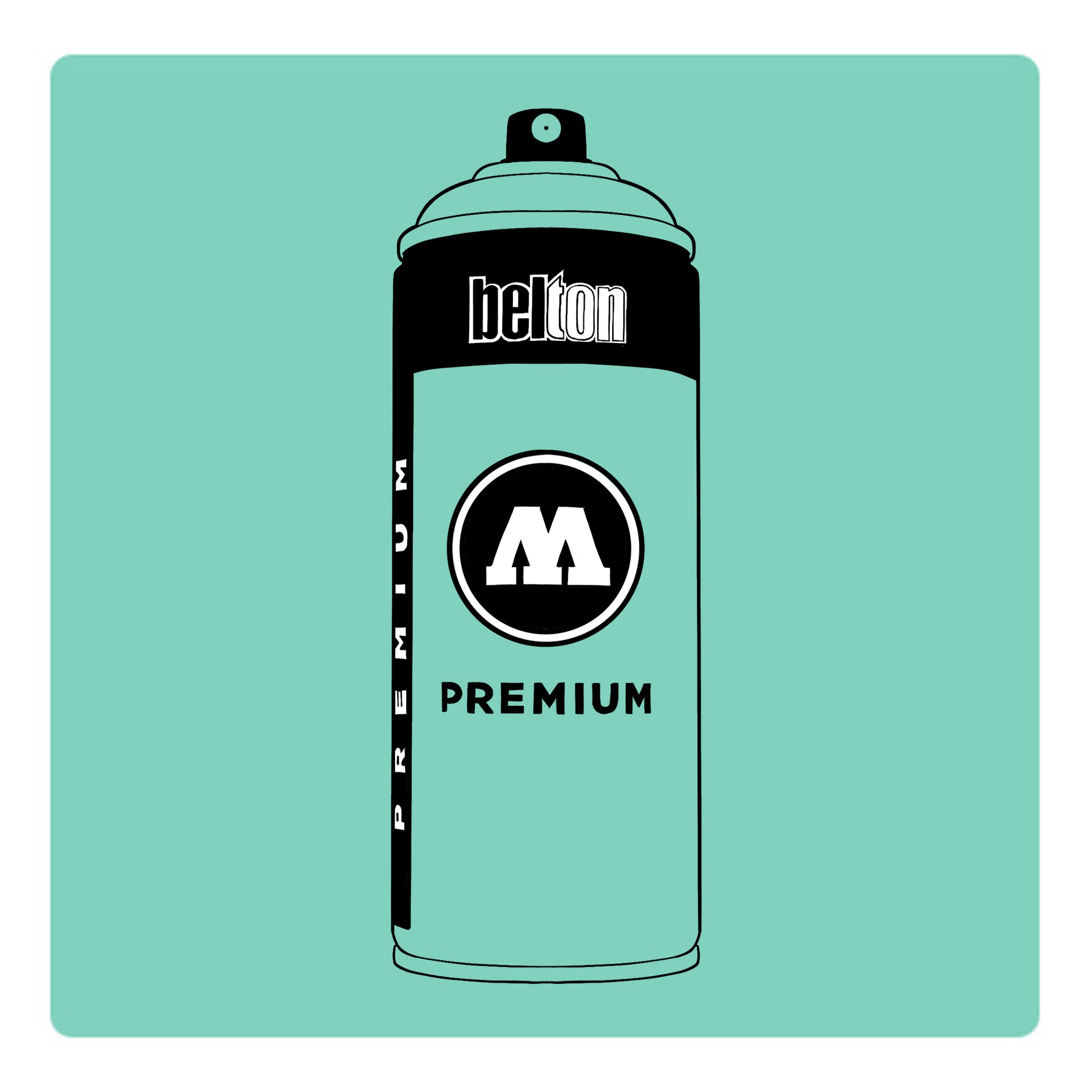 A black outline drawing of a light turquoise spray paint can with the words "belton","premium" and the letter"M" written on the face in black and white font. The background is a color swatch of the same Light Turquoise with a white border.
