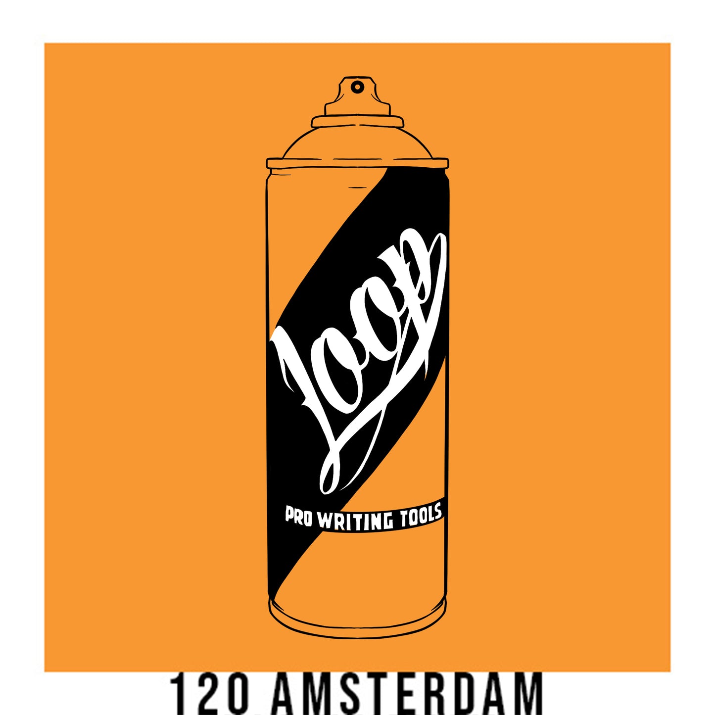 A black outline drawing of a pastel orange spray paint can with the word "Loop" written on the face in script. The background is a color swatch of the same orange with a white border with the words "120 Amsterdam" at the bottom.