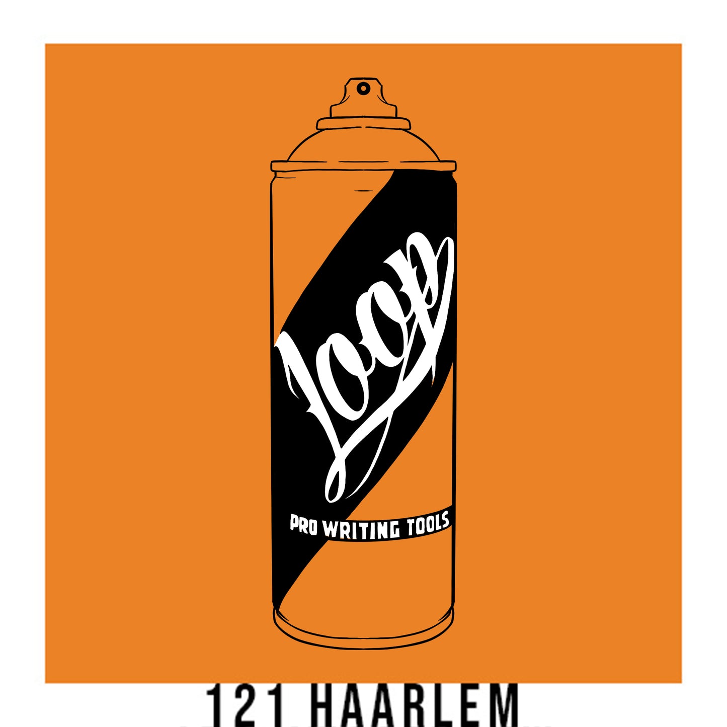 A black outline drawing of a orange spray paint can with the word "Loop" written on the face in script. The background is a color swatch of the same orange with a white border with the words "121 HAARLEM" at the bottom.