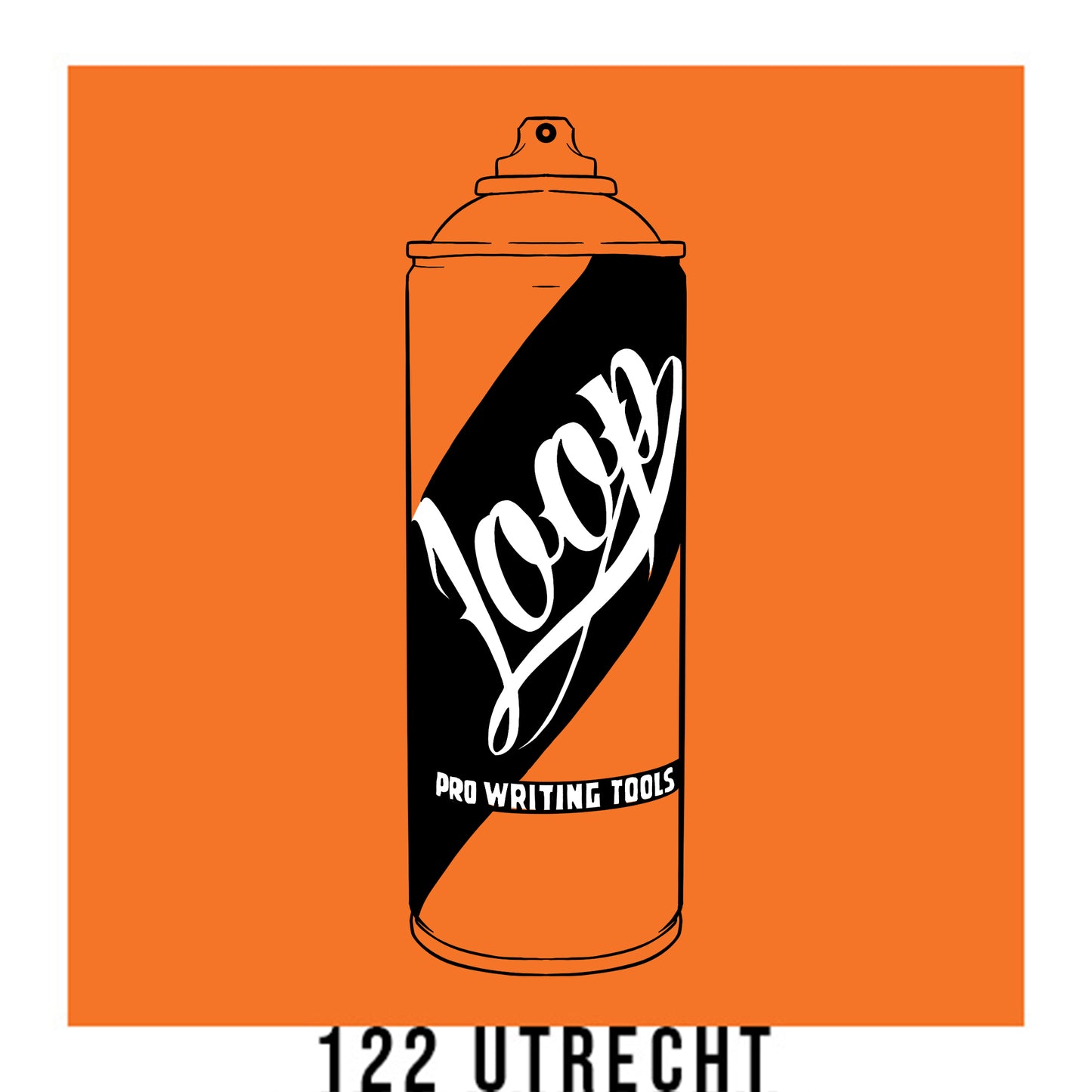 A black outline drawing of a orange spray paint can with the word "Loop" written on the face in script. The background is a color swatch of the same orange with a white border with the words "122 UTRECHT" at the bottom.
