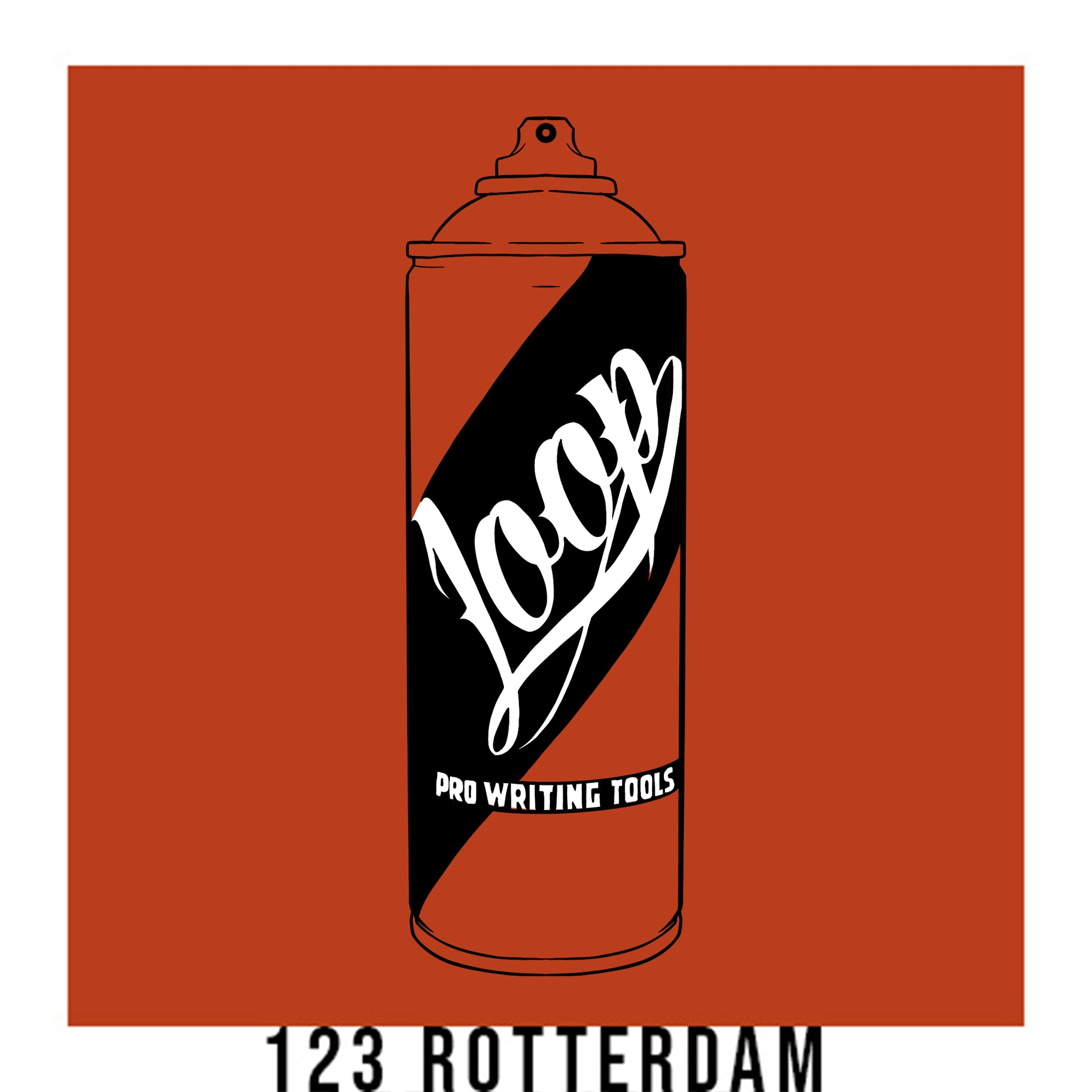 A black outline drawing of a red orange spray paint can with the word "Loop" written on the face in script. The background is a color swatch of the same red orange with a white border with the words "123 rotterdam" at the bottom.
