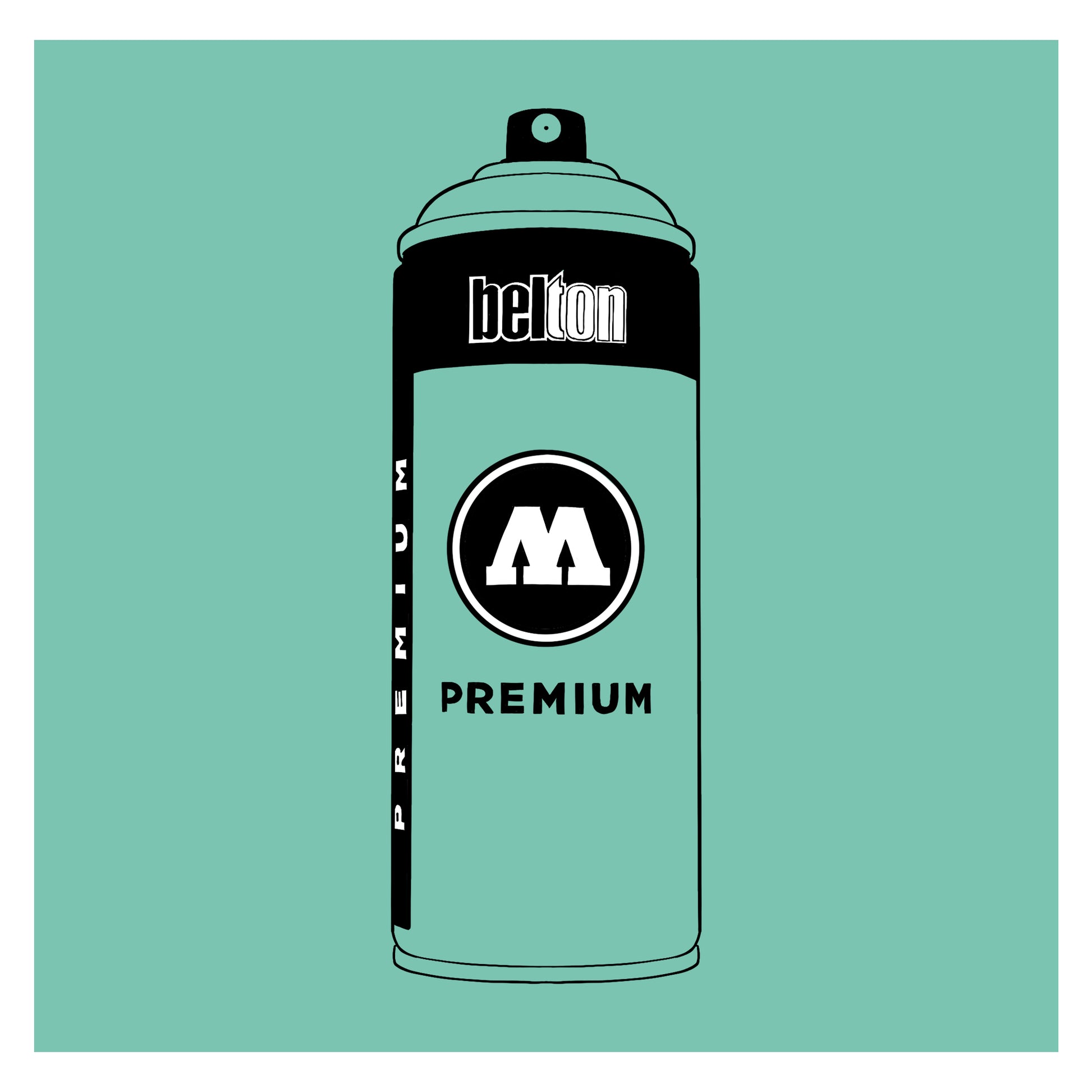 A black outline drawing of a aquamarine spray paint can with the words "belton","premium" and the letter"M" written on the face in black and white font. The background is a color swatch of the same aquamarine with a white border