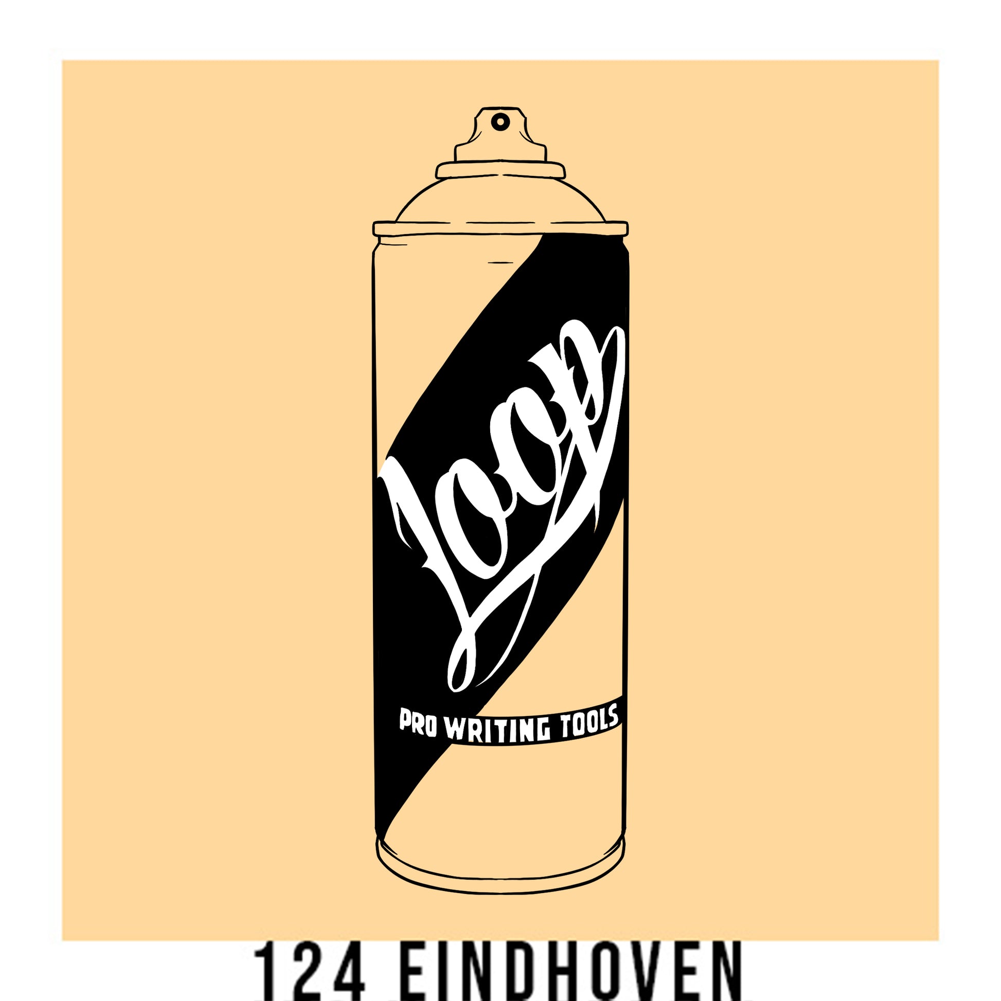 A black outline drawing of a cream spray paint can with the word "Loop" written on the face in script. The background is a color swatch of the same cream with a white border with the words "124 Eindhoven" at the bottom.