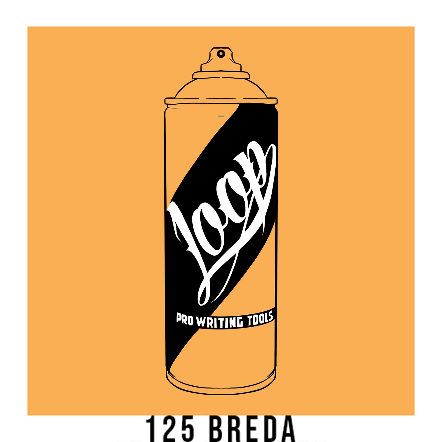 A black outline drawing of a cream orange spray paint can with the word "Loop" written on the face in script. The background is a color swatch of the same cream orange with a white border with the words "125 breda" at the bottom.