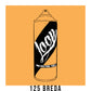 A black outline drawing of a cream orange spray paint can with the word "Loop" written on the face in script. The background is a color swatch of the same cream orange with a white border with the words "125 breda" at the bottom.