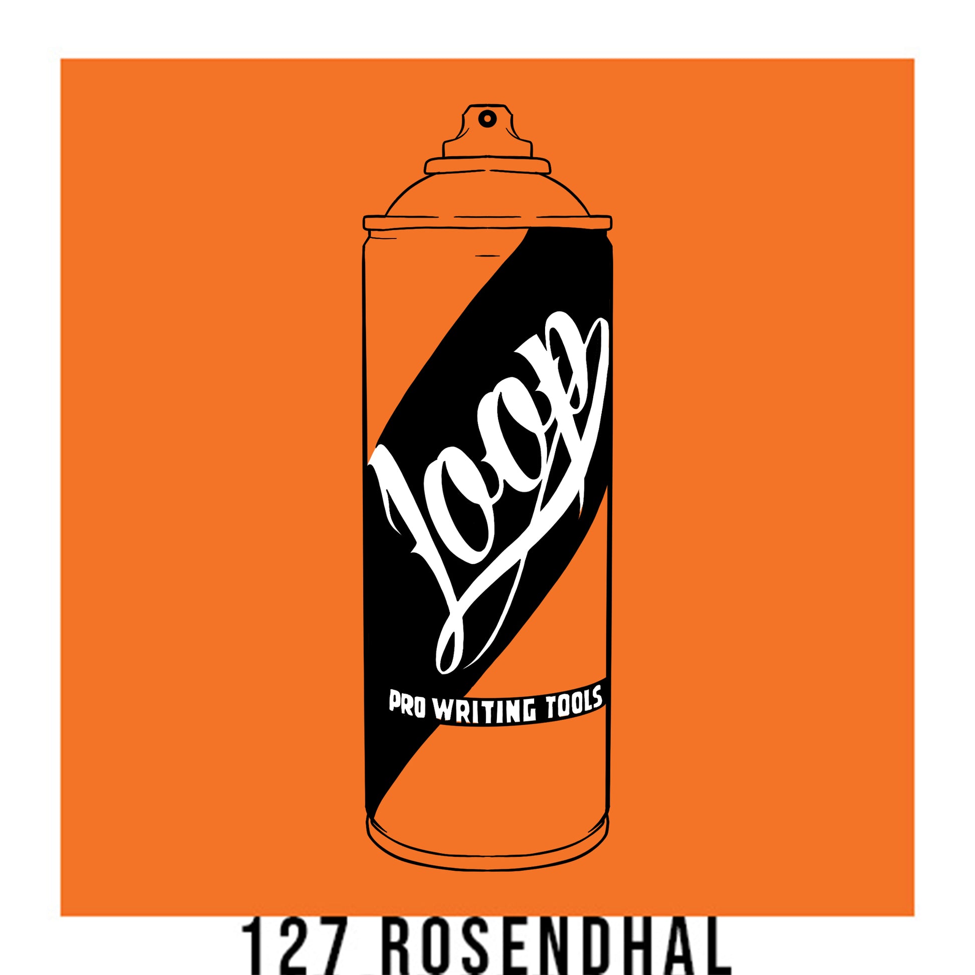 A black outline drawing of a  orange spray paint can with the word "Loop" written on the face in script. The background is a color swatch of the same  orange with a white border with the words "127 roesndhal" at the bottom.