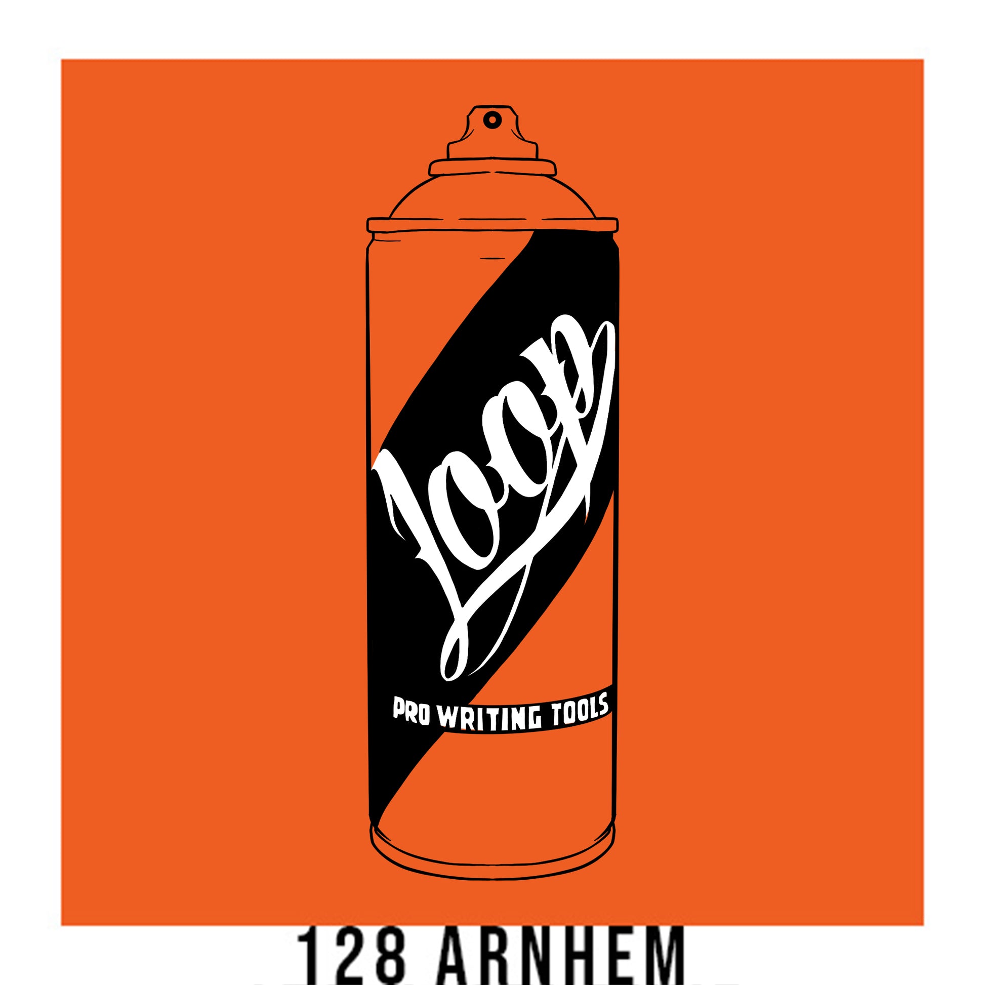 A black outline drawing of a dark orange spray paint can with the word "Loop" written on the face in script. The background is a color swatch of the same dark orange with a white border with the words "128 arnhem" at the bottom.