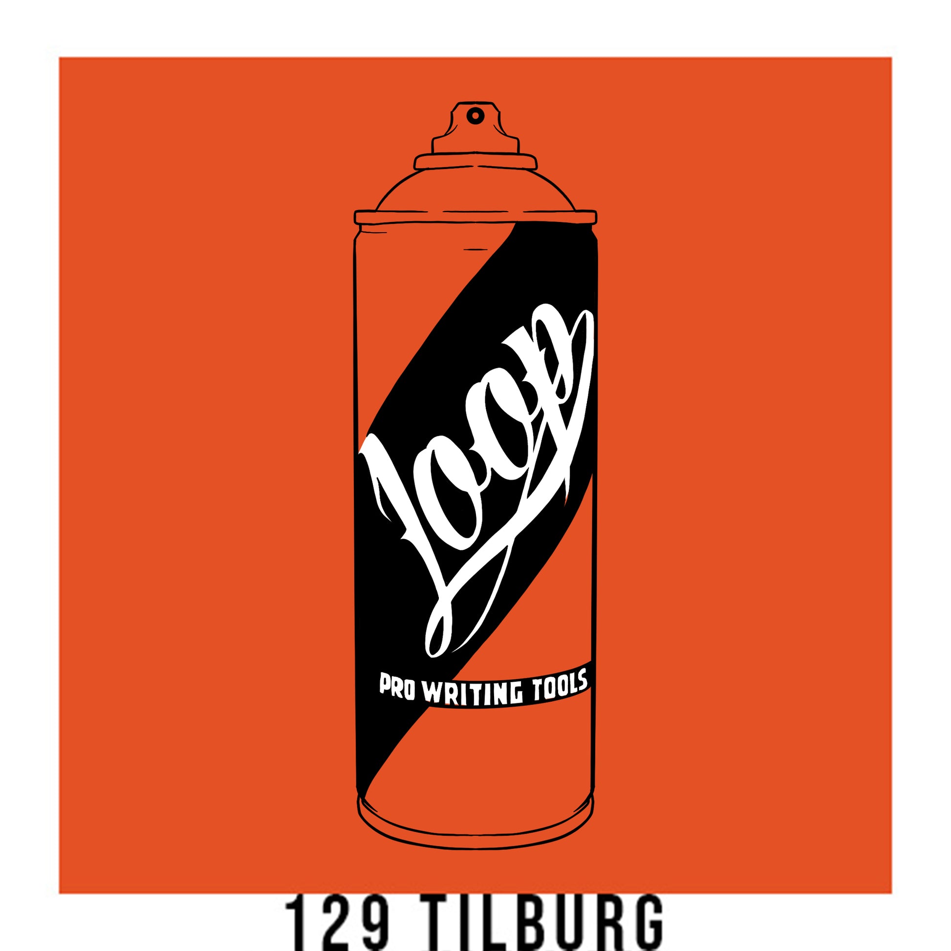 A black outline drawing of a dark orange spray paint can with the word "Loop" written on the face in script. The background is a color swatch of the same dark orange with a white border with the words "129 tilburg" at the bottom.