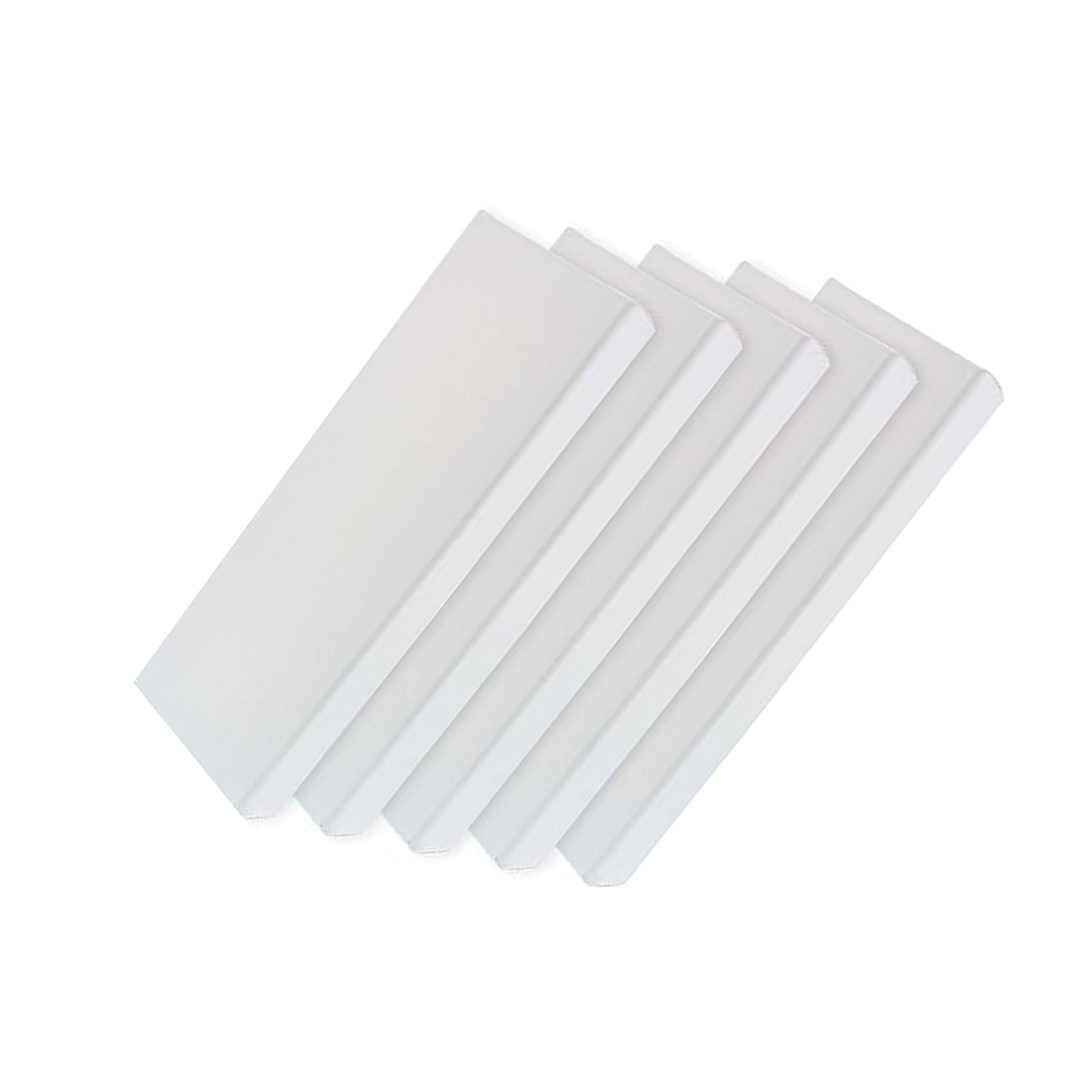 Set of five white rectangular stretched canvases on a white background.
